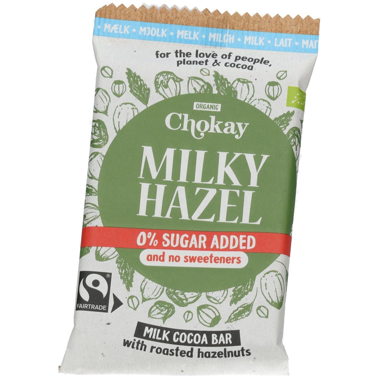 Rückseite der Chokay Milky Hazel Bar Verpackung. Enthält Nährwertangaben, Zutatenliste und Fairtrade-Logo. 70g.