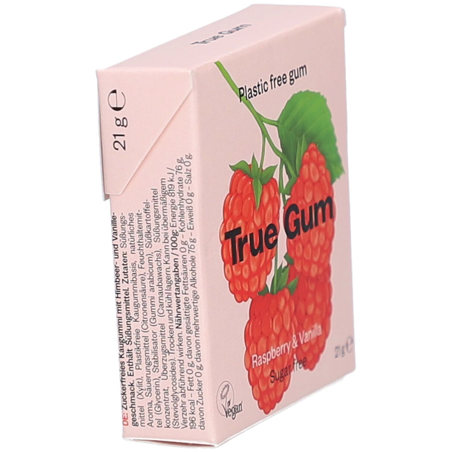Schachtel mit Himbeeren-Illustration. Text: True Gum, Himbeere & Vanille, zuckerfrei, 21g. Inhaltsangaben auf Deutsch.