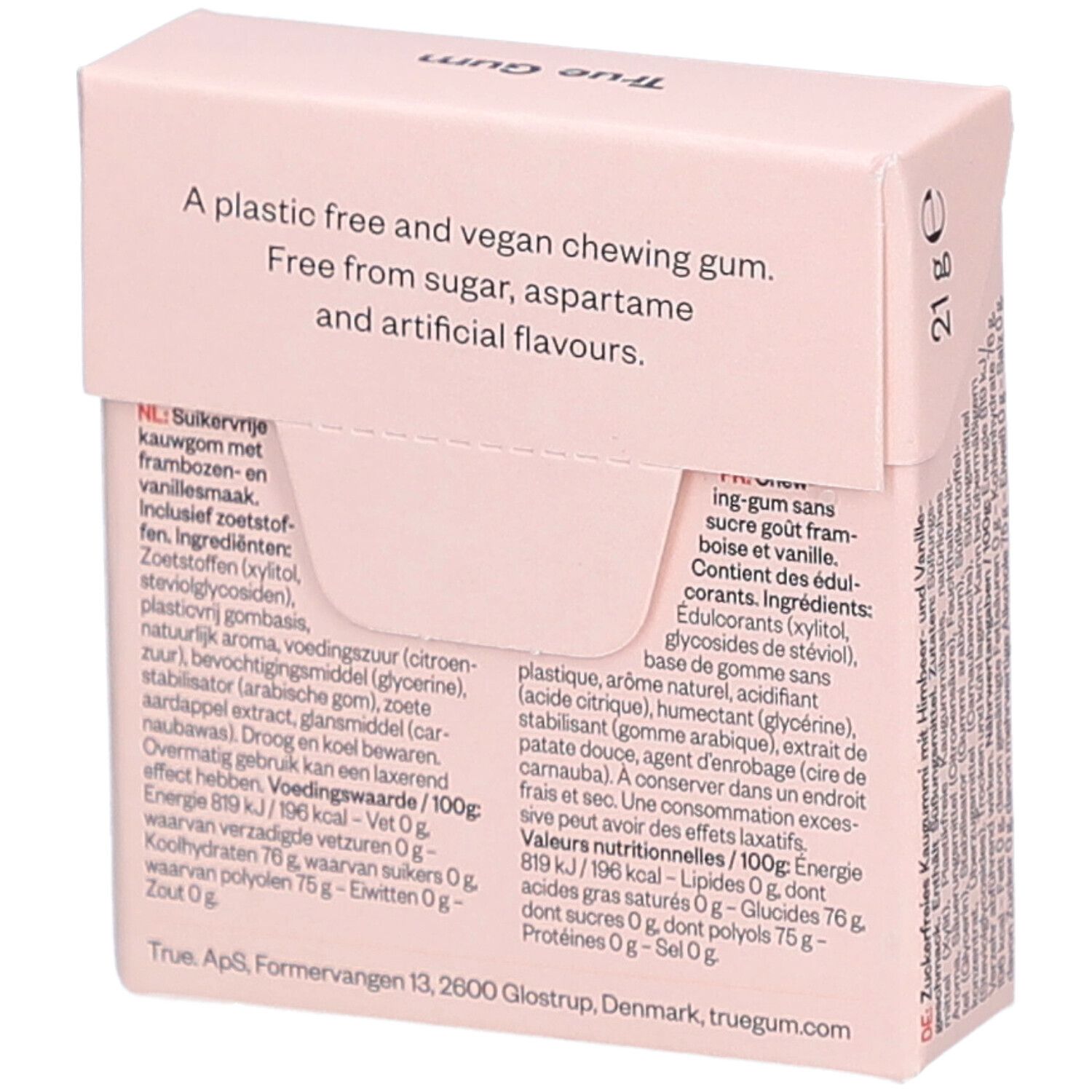 Rückseite der Schachtel. Text: A plastic free and vegan chewing gum. Free from sugar, aspartame and artificial flavours.