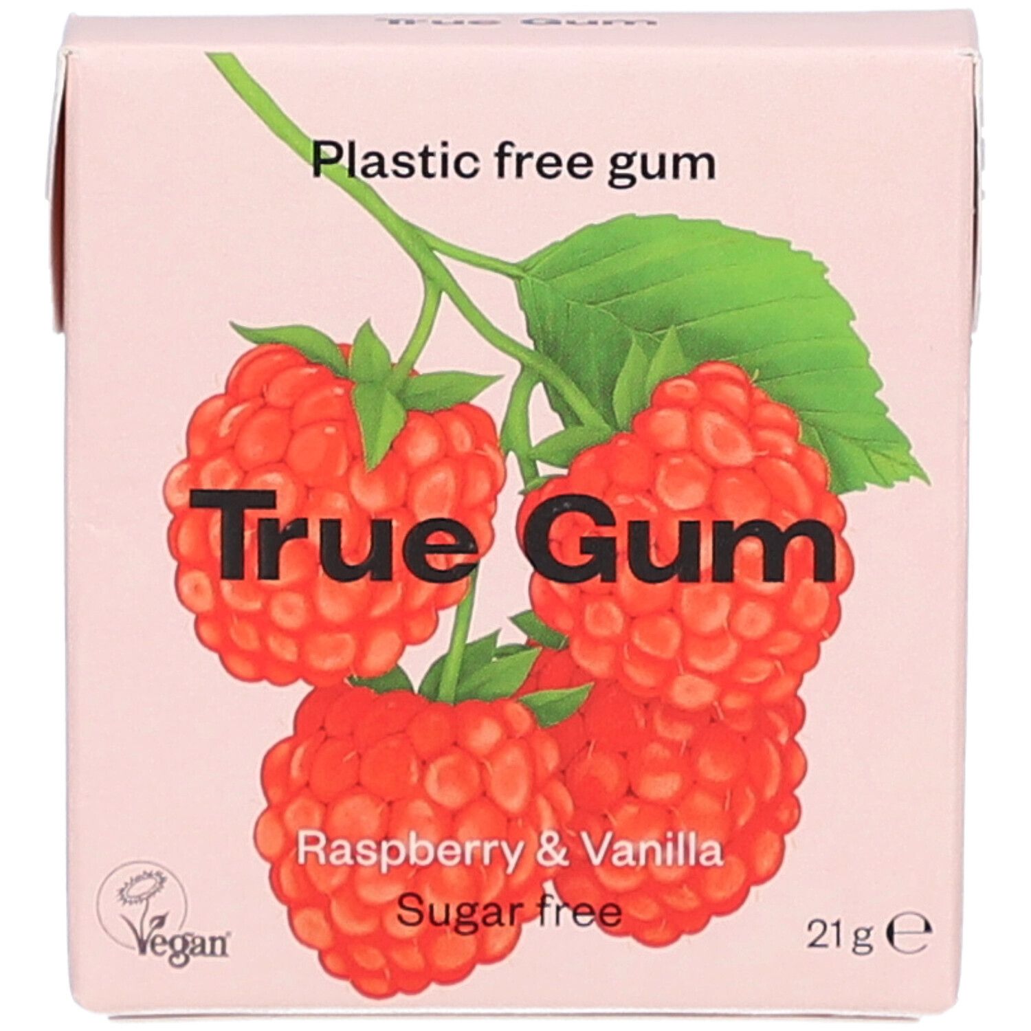Rosa Schachtel mit Himbeeren-Illustration. Text: True Gum, Himbeere & Vanille, zuckerfrei, 21g. Vegan-Logo.