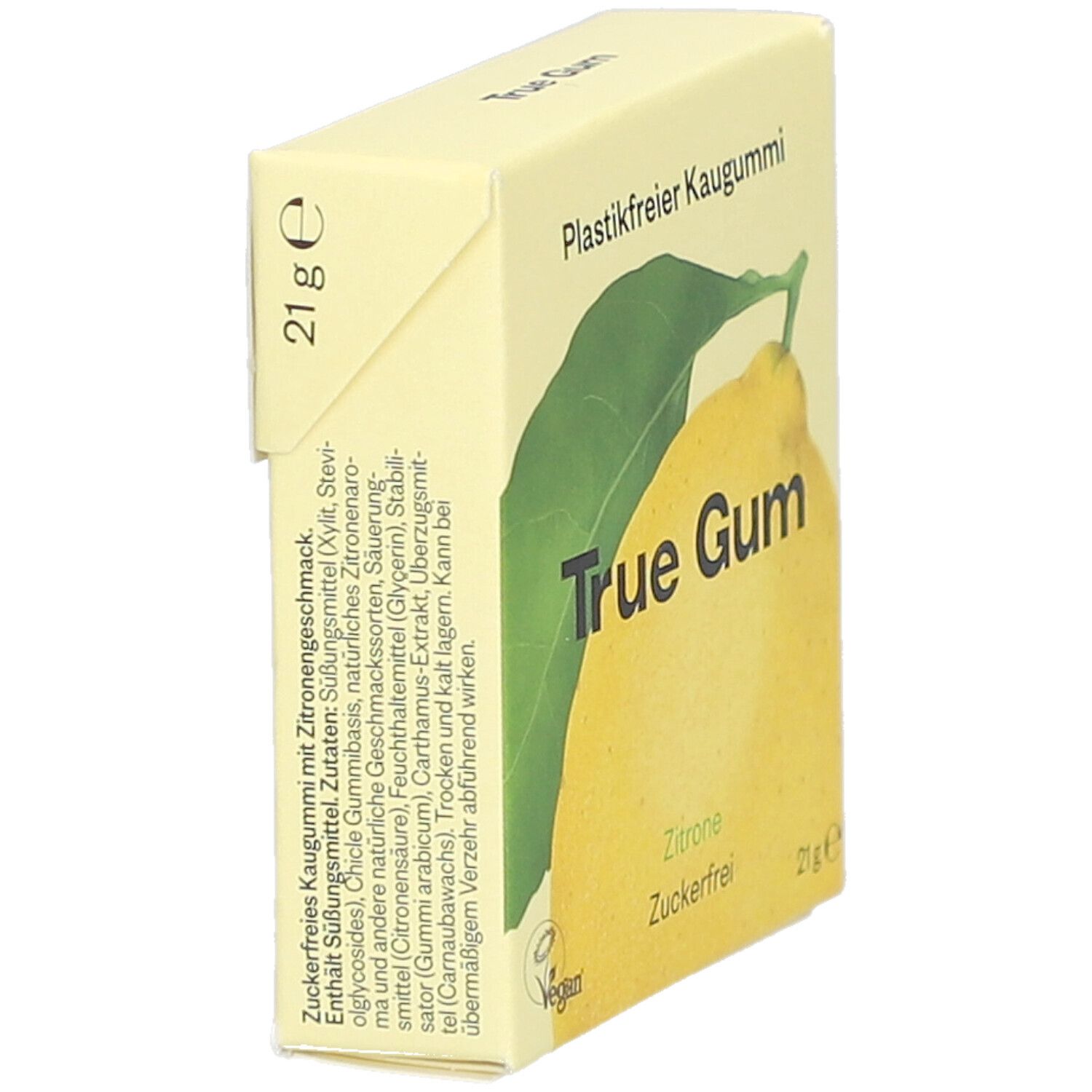 Schräg gestellte gelbe Verpackung. Text: True Gum, Zitrone, Zuckerfrei, 21g. Aufschrift: Plastikfreier Kaugummi. Zutatenliste.