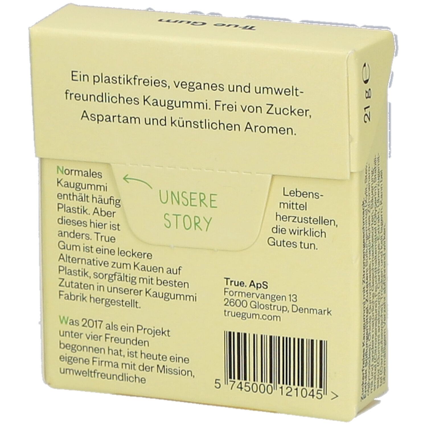 Rückseite der gelben Verpackung. Text: Unsere Story, Infos zu True Gum, Adresse. Text: Ein plastikfreies, veganes Kaugummi.