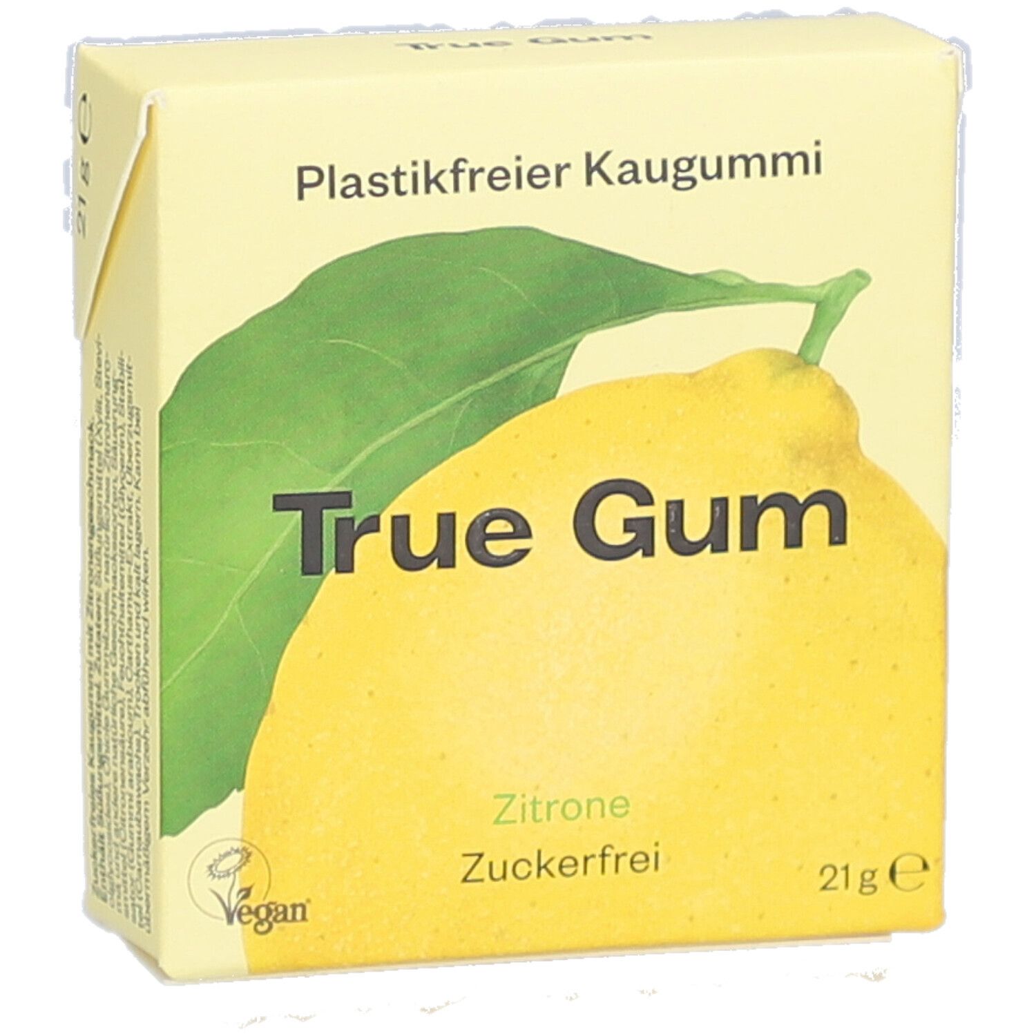Gelbe Verpackung mit Zitrone-Illustration. Text: True Gum, Zitrone, Zuckerfrei, 21g. Vegan-Logo. Aufschrift: Plastikfreier Kaugummi.