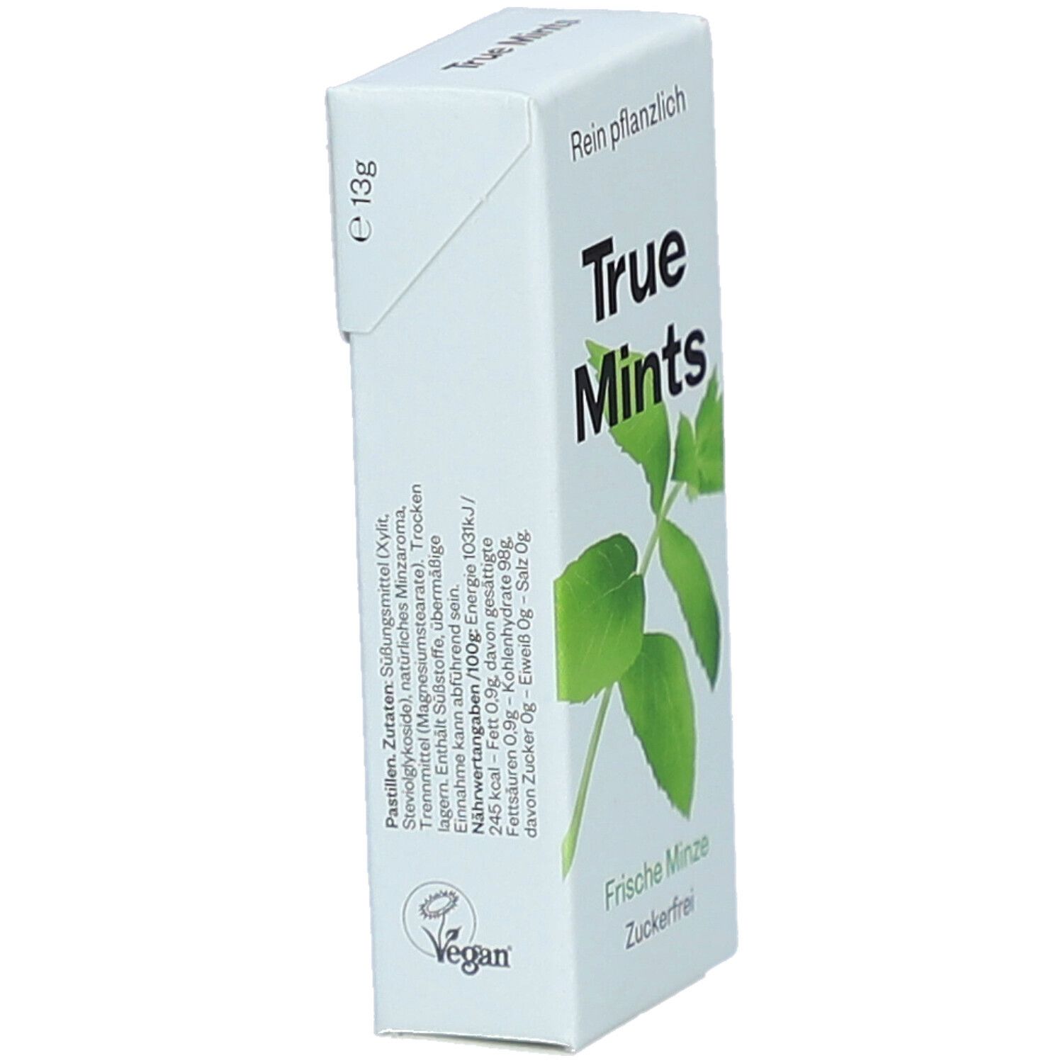 Weißer Karton mit True Mints-Logo, Minzblatt und Vegan-Siegel. Text: Frische Minze, zuckerfrei, 13g.