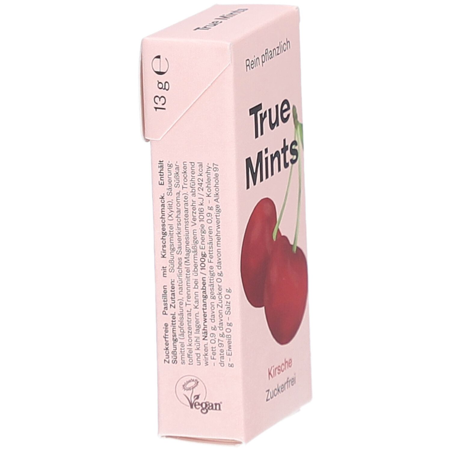 Rosa Verpackung mit Text und Kirschabbildung. Text: True Mints, Kirsche, zuckerfrei. Oben: Rein pflanzlich. 13 g e.