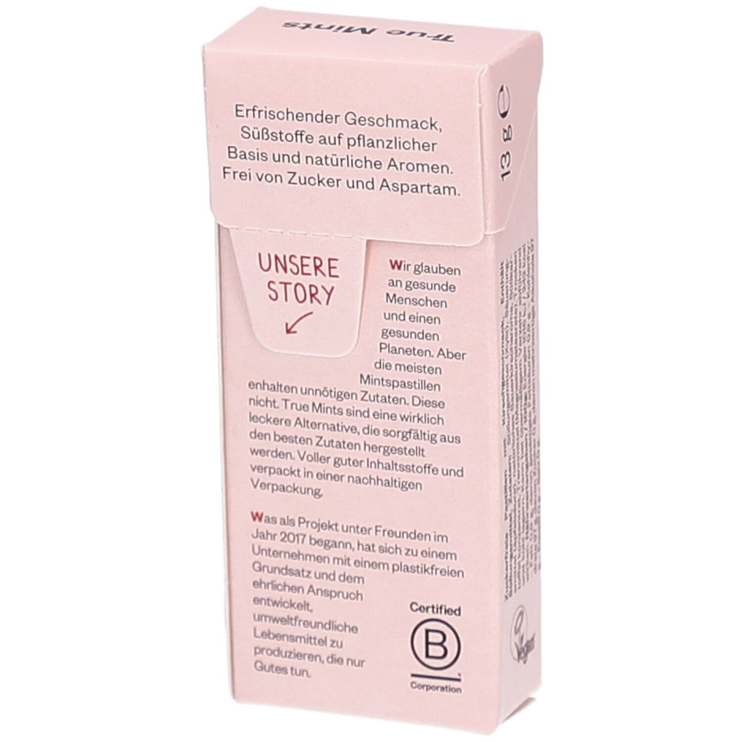 Rückseite der rosa Verpackung mit Text. Text: Erfrischender Geschmack, Süßstoffe auf pflanzlicher Basis, natürliche Aromen. B Corp-Zertifizierung.