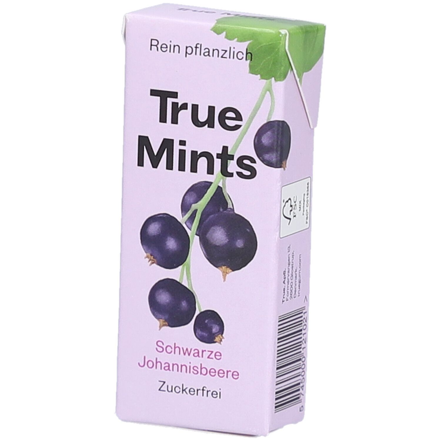 Verpackung mit True Mints, Schwarze Johannisbeere. Abbildung von schwarzen Johannisbeeren. Text: Zuckerfrei, rein pflanzlich.