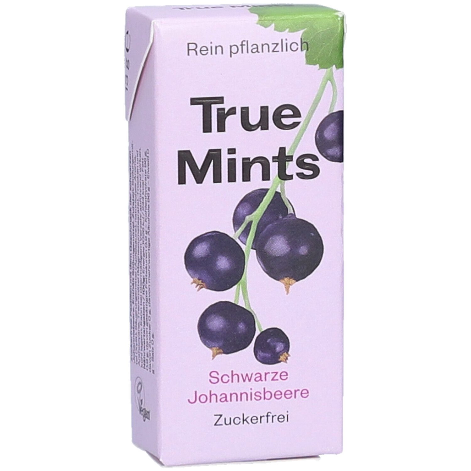 Verpackung mit True Mints, Schwarze Johannisbeere. Abbildung von schwarzen Johannisbeeren. Text: Zuckerfrei, rein pflanzlich.
