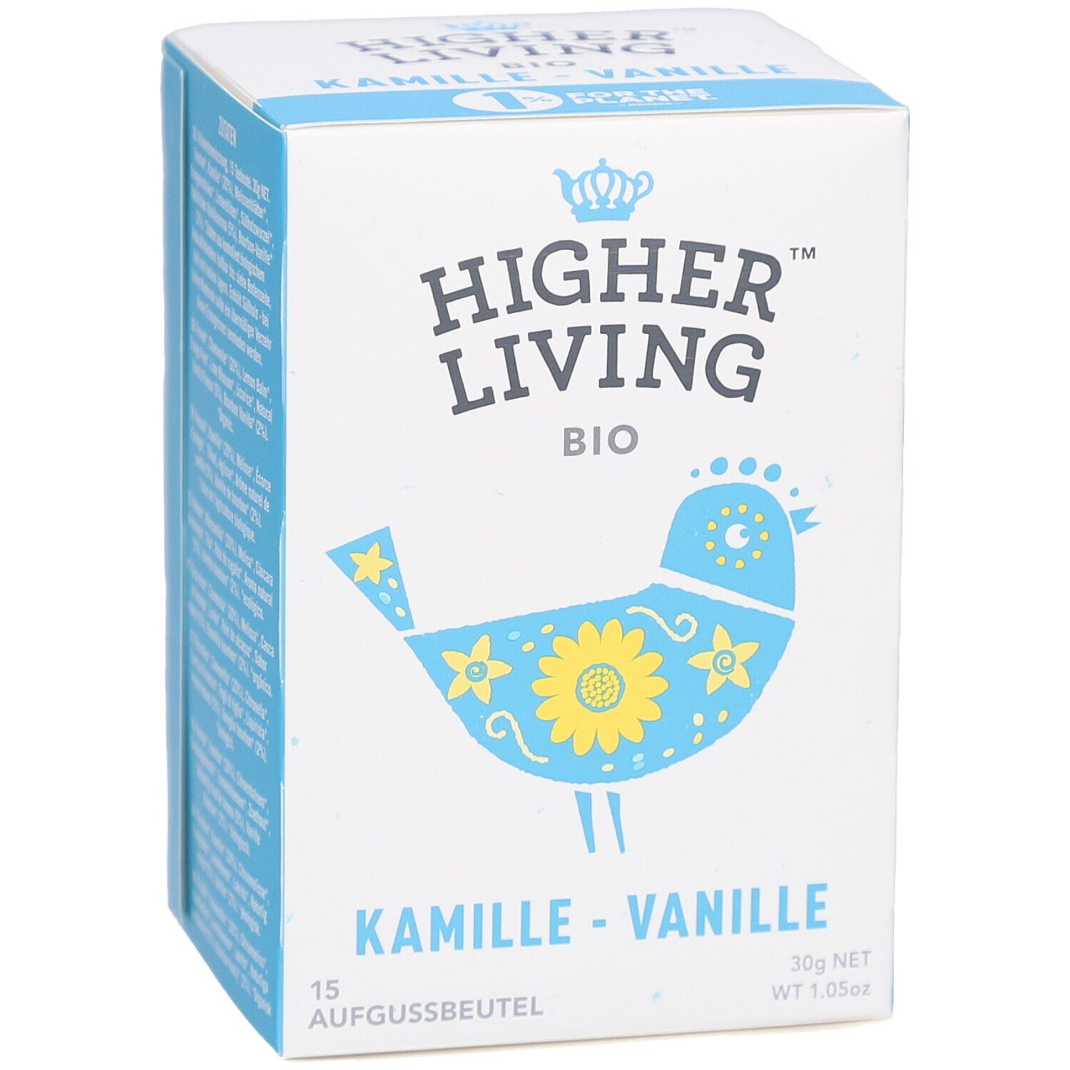 Vorderseite der Schachtel mit "Higher Living BIO"-Logo und Vogel-Illustration. Produktname: Kamille-Vanille. 15 Aufgussbeutel.