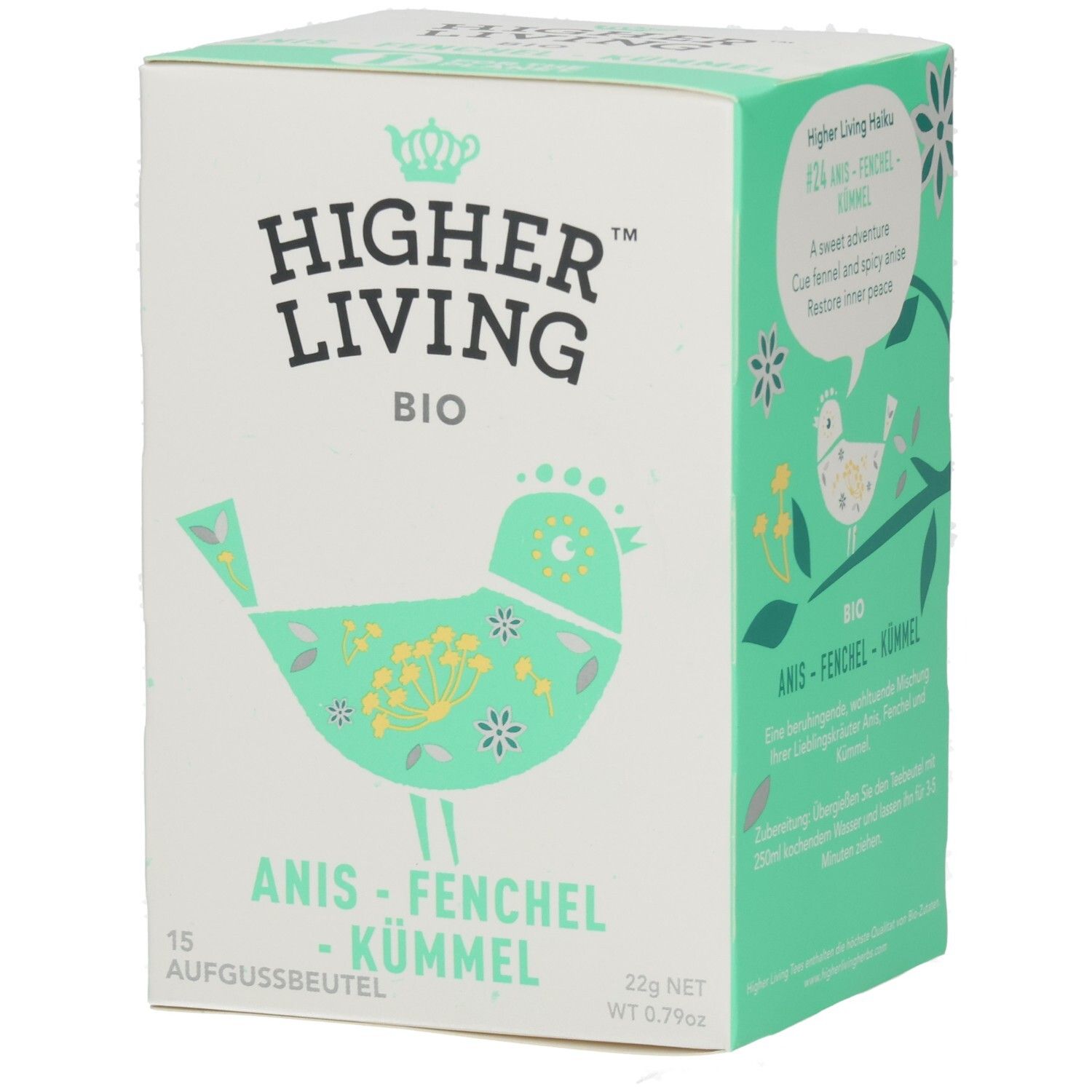 Karton mit Aufdruck. Marke: Higher Living. Produkt: Anis-Fenchel-Kümmel. Grün-weißes Design mit Vogel-Illustration. 15 Aufgussbeutel.
