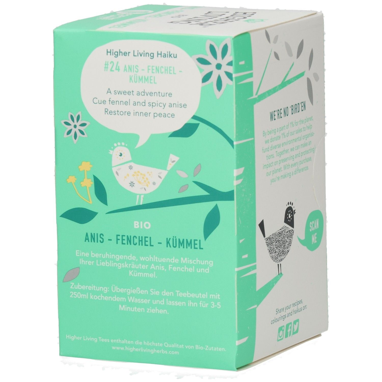Verpackung mit Text: Higher Living Haiku. Produkt: Anis-Fenchel-Kümmel. Vogel-Illustration. Grün-weißes Design. Zubereitungshinweis.