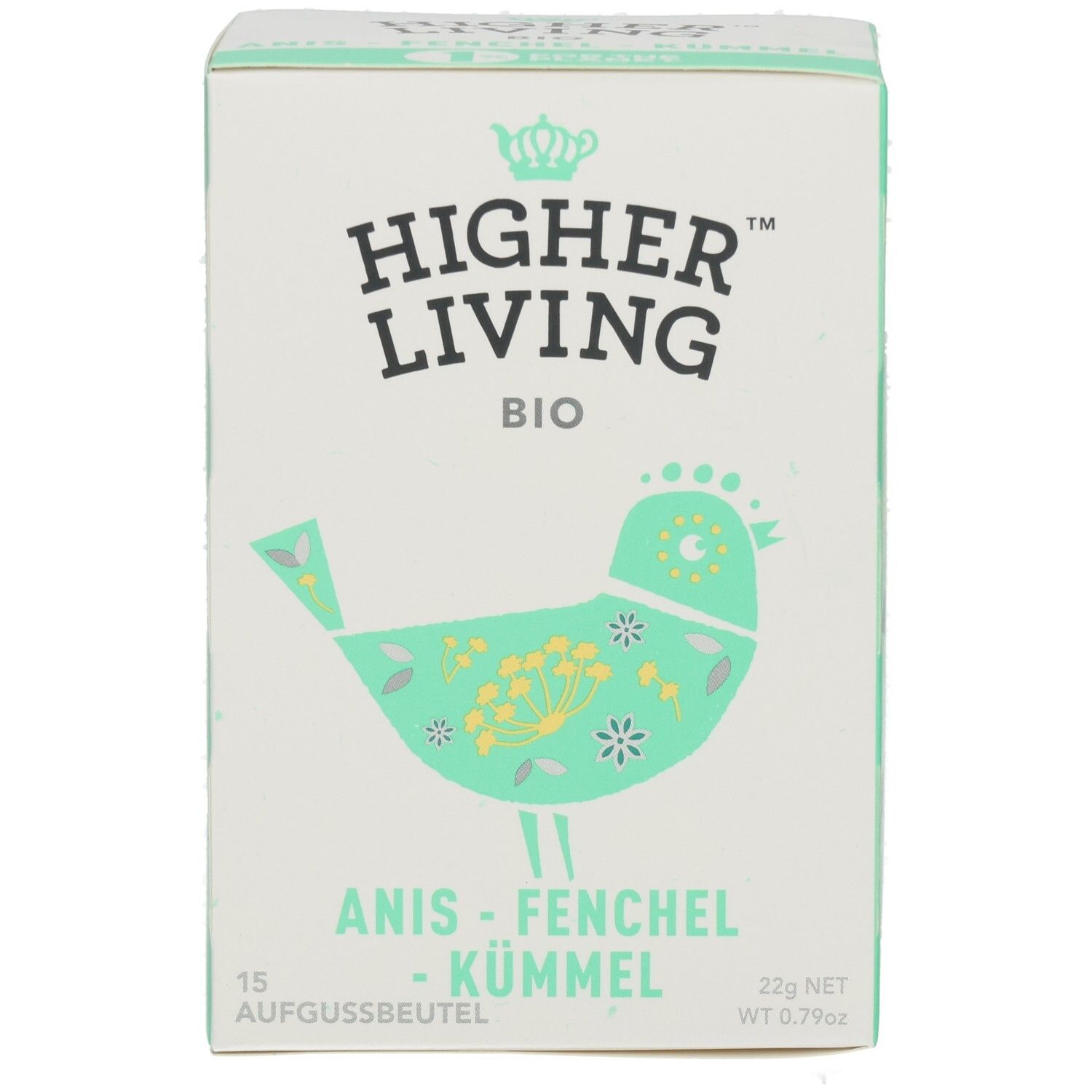 Karton mit Aufdruck. Marke: Higher Living. Produkt: Anis-Fenchel-Kümmel. Grün-weißes Design mit Vogel-Illustration. 15 Aufgussbeutel.