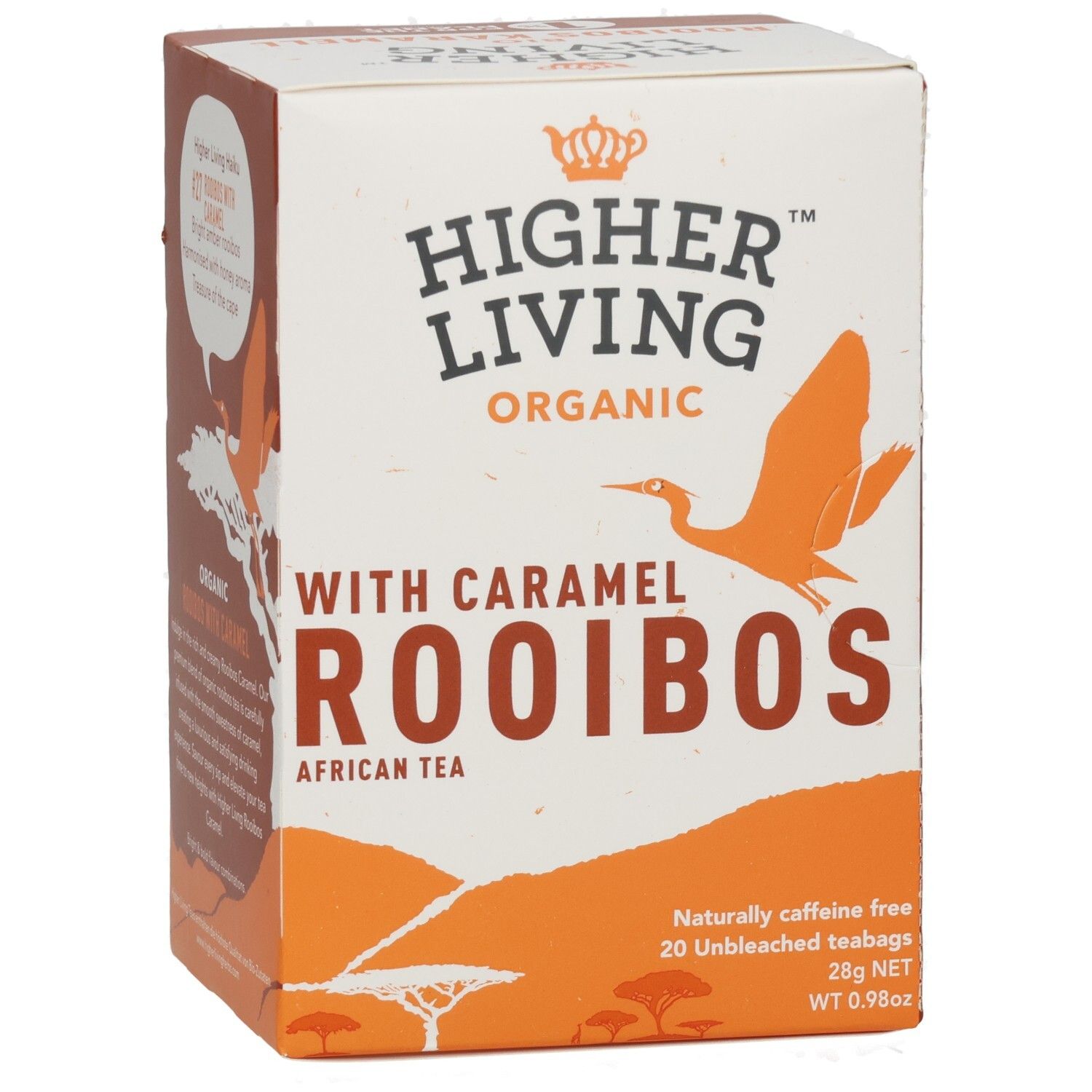 Karton mit Aufdruck. Enthält Karamell Rooibos Tee. Marke: Higher Living. Mit orangefarbenem Vogel-Logo.