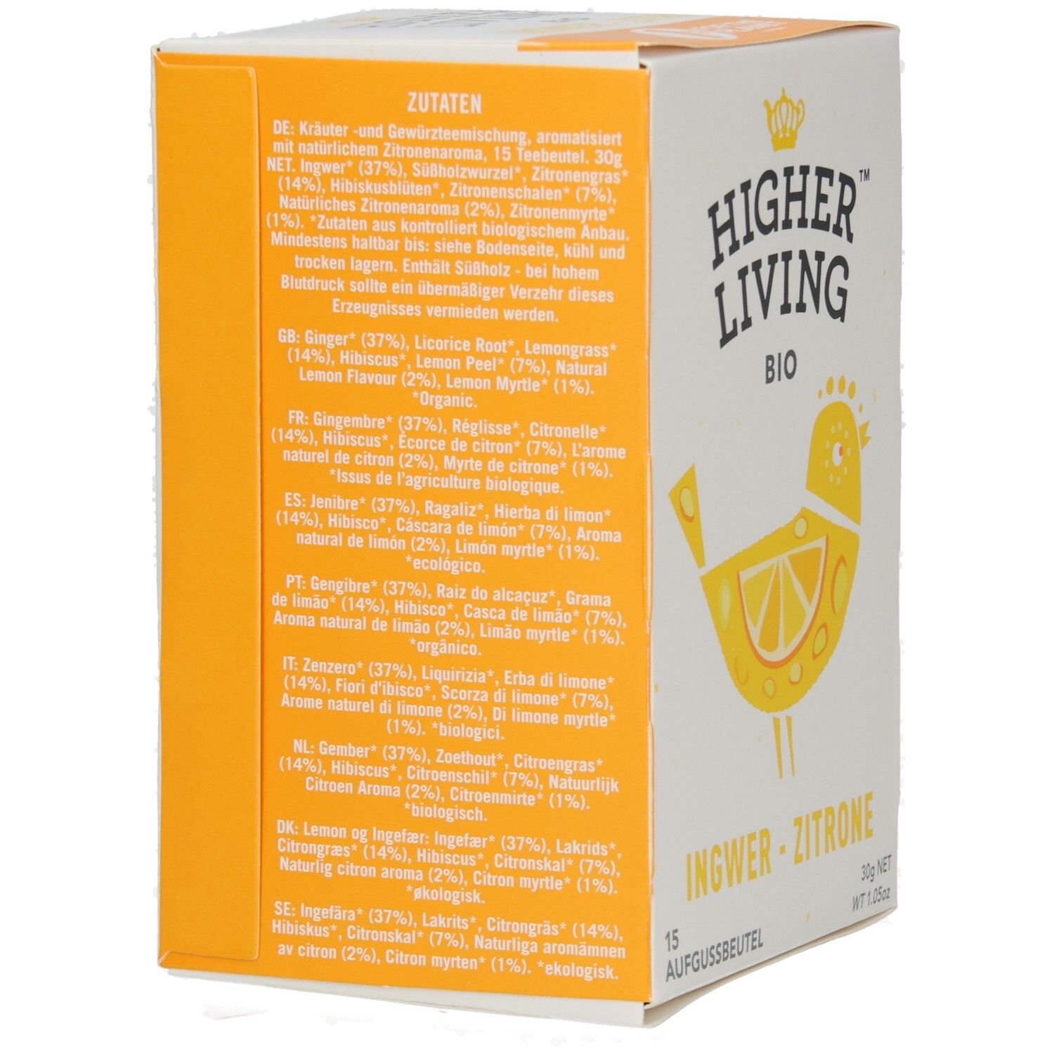 Rückseite der Verpackung. Zutatenliste in Deutsch, Englisch, Französisch, Italienisch, Portugiesisch, Spanisch, Dänisch.