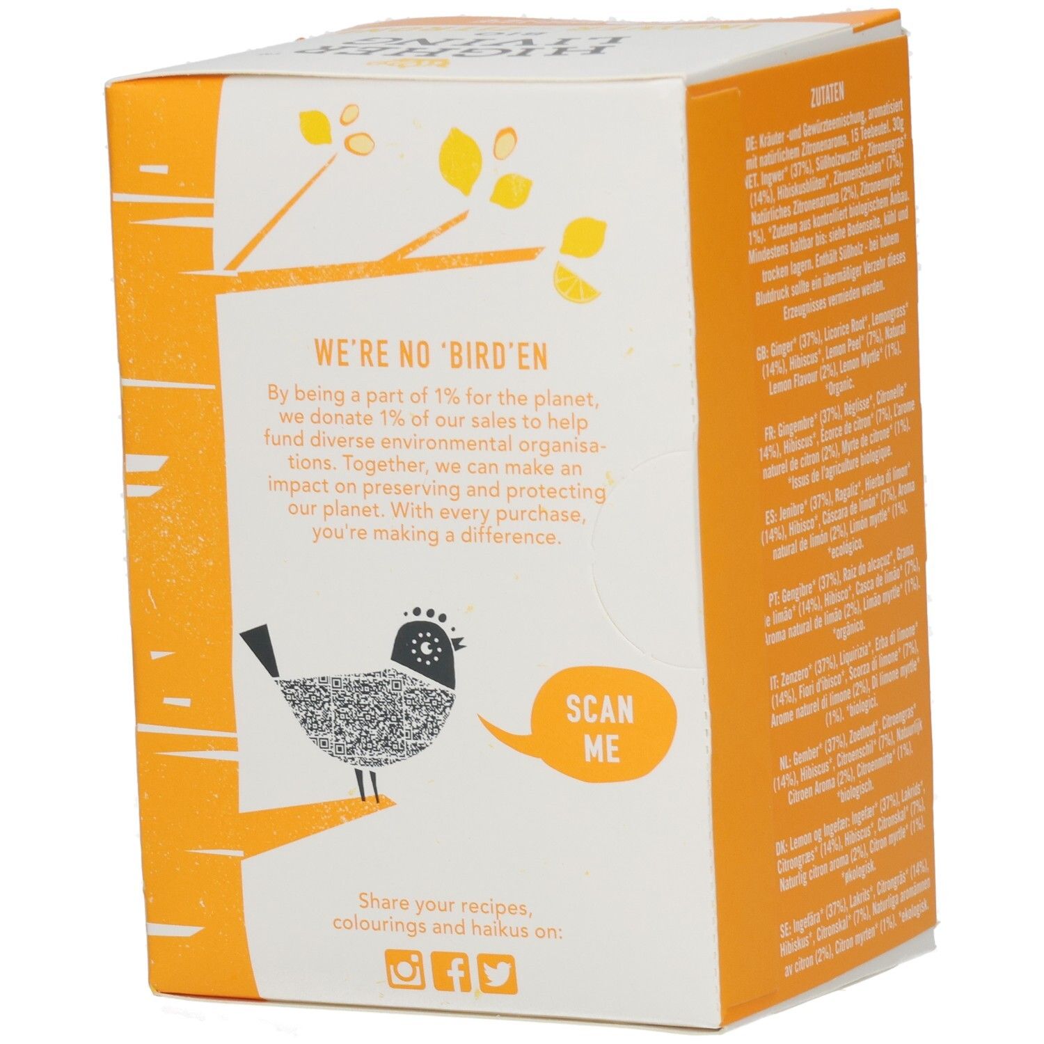 Verpackung mit Text: We're no 'bird'en. QR-Code. Illustration eines Vogels auf einem Ast. Gelber Hintergrund.