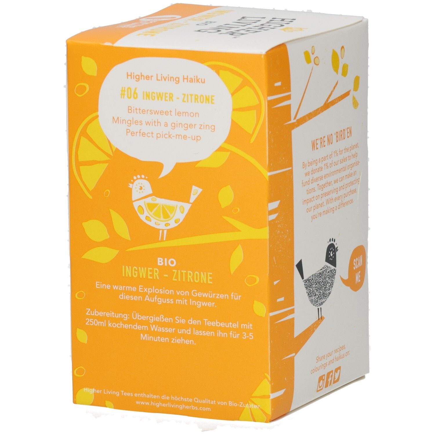 Verpackung mit Text: Higher Living Haiku. Ingwer-Zitrone. Illustration eines Vogels. Gelber Hintergrund.