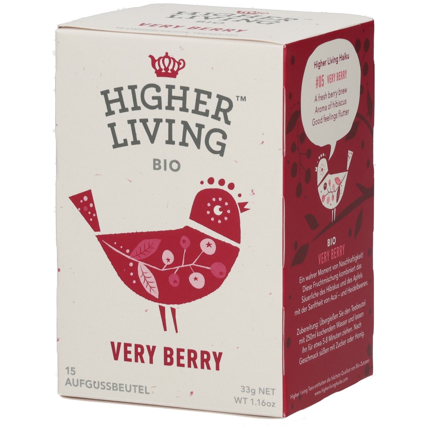 Kartonverpackung mit Aufdruck. Logo: Higher Living Bio. Motiv: Roter Vogel mit Beeren. Text: Very Berry, 15 Aufgussbeutel, 33g.
