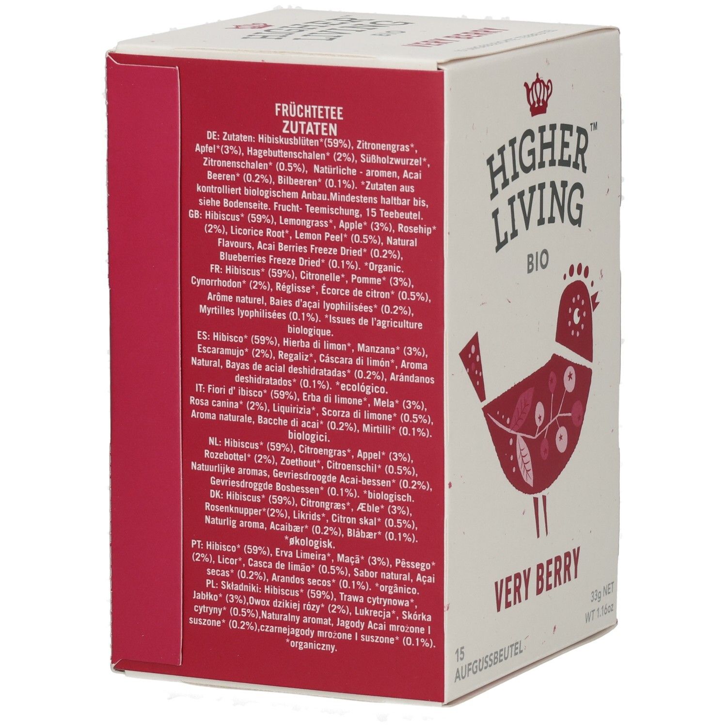 Kartonverpackung, Rückseite. Text: Zutatenliste, in mehreren Sprachen. Logo: Higher Living Bio. Motiv: Roter Vogel.