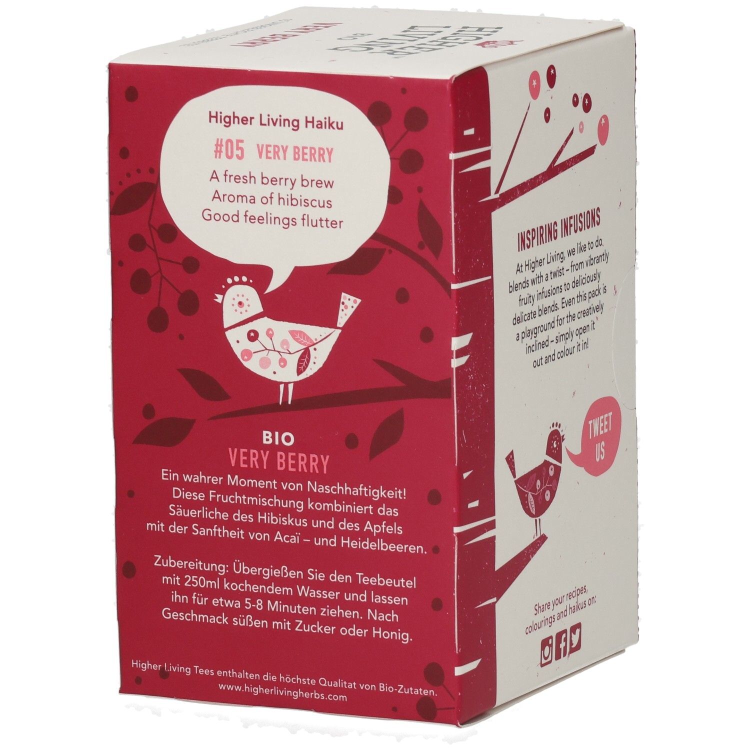 Kartonverpackung, Seite. Text: Higher Living Haiku, Very Berry, Zubereitung. Logo: Higher Living Bio. Motiv: Roter Vogel.