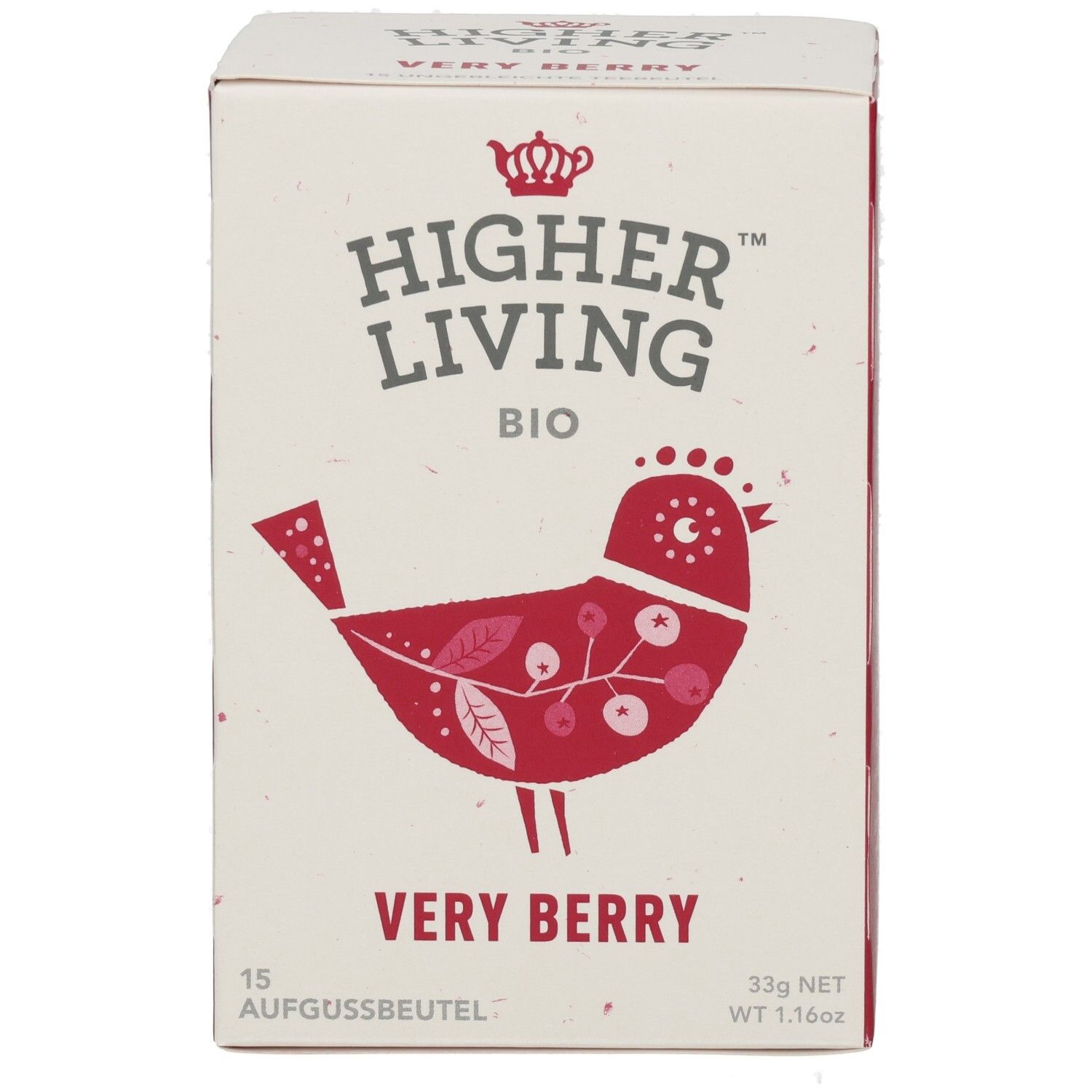 Kartonverpackung. Logo: Higher Living Bio. Motiv: Roter Vogel mit Beeren. Text: Very Berry, 15 Aufgussbeutel, 33g.