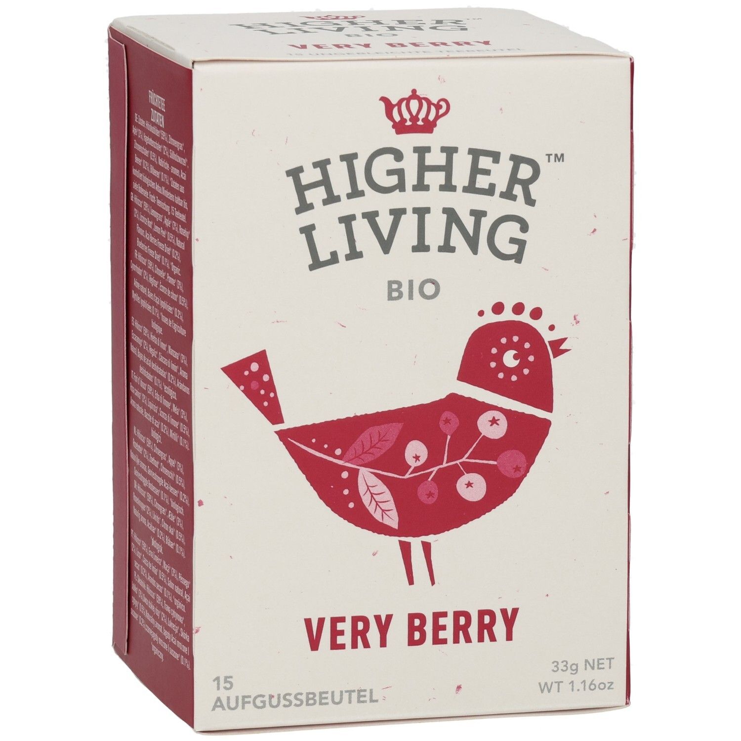 Kartonverpackung. Logo: Higher Living Bio. Motiv: Roter Vogel mit Beeren. Text: Very Berry, 15 Aufgussbeutel, 33g.