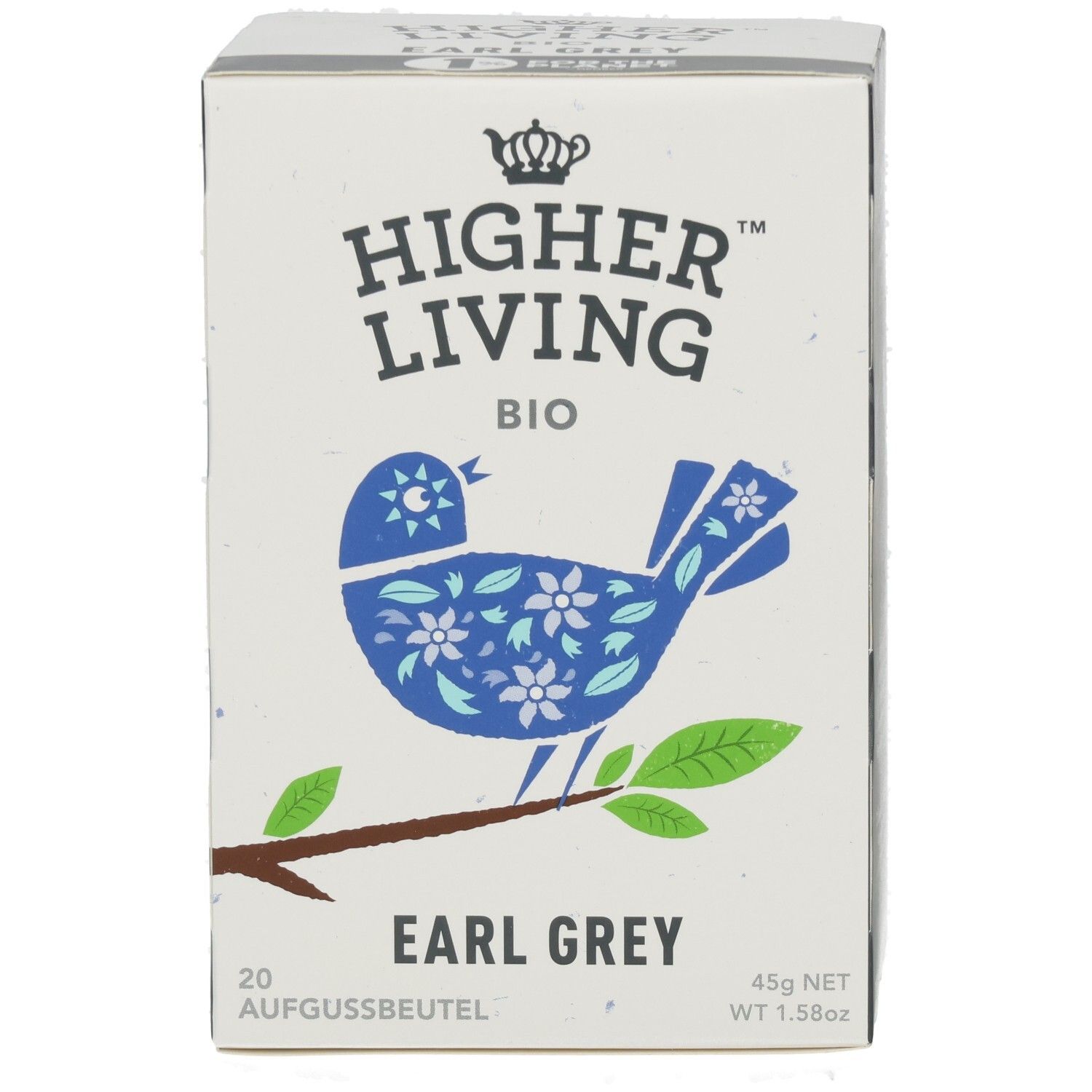Kartonverpackung mit Aufdruck. Enthält "Higher Living BIO Earl Grey" und eine Vogel-Illustration.