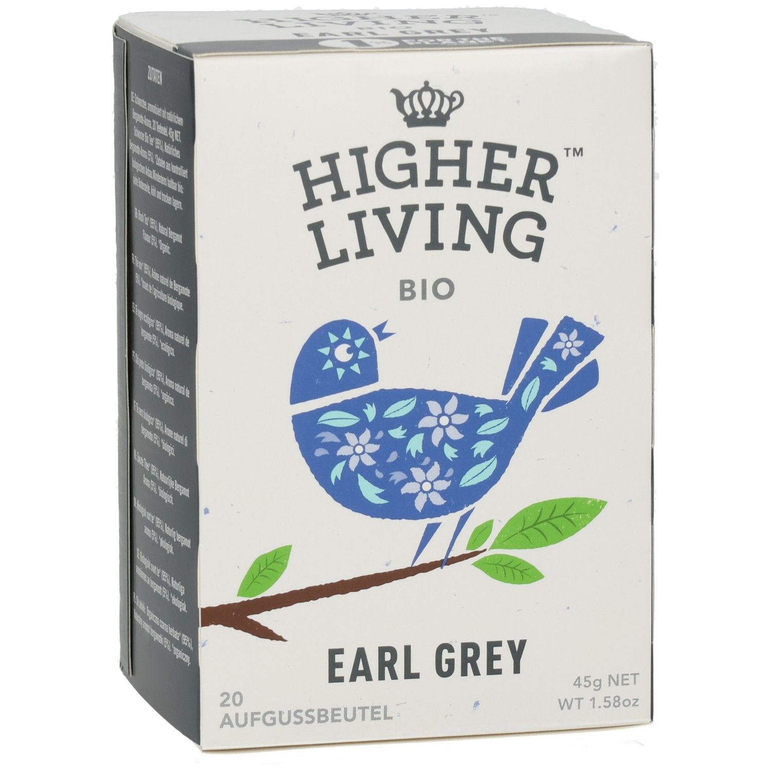 Kartonverpackung mit Aufdruck. Enthält "Higher Living BIO Earl Grey" und eine Vogel-Illustration.
