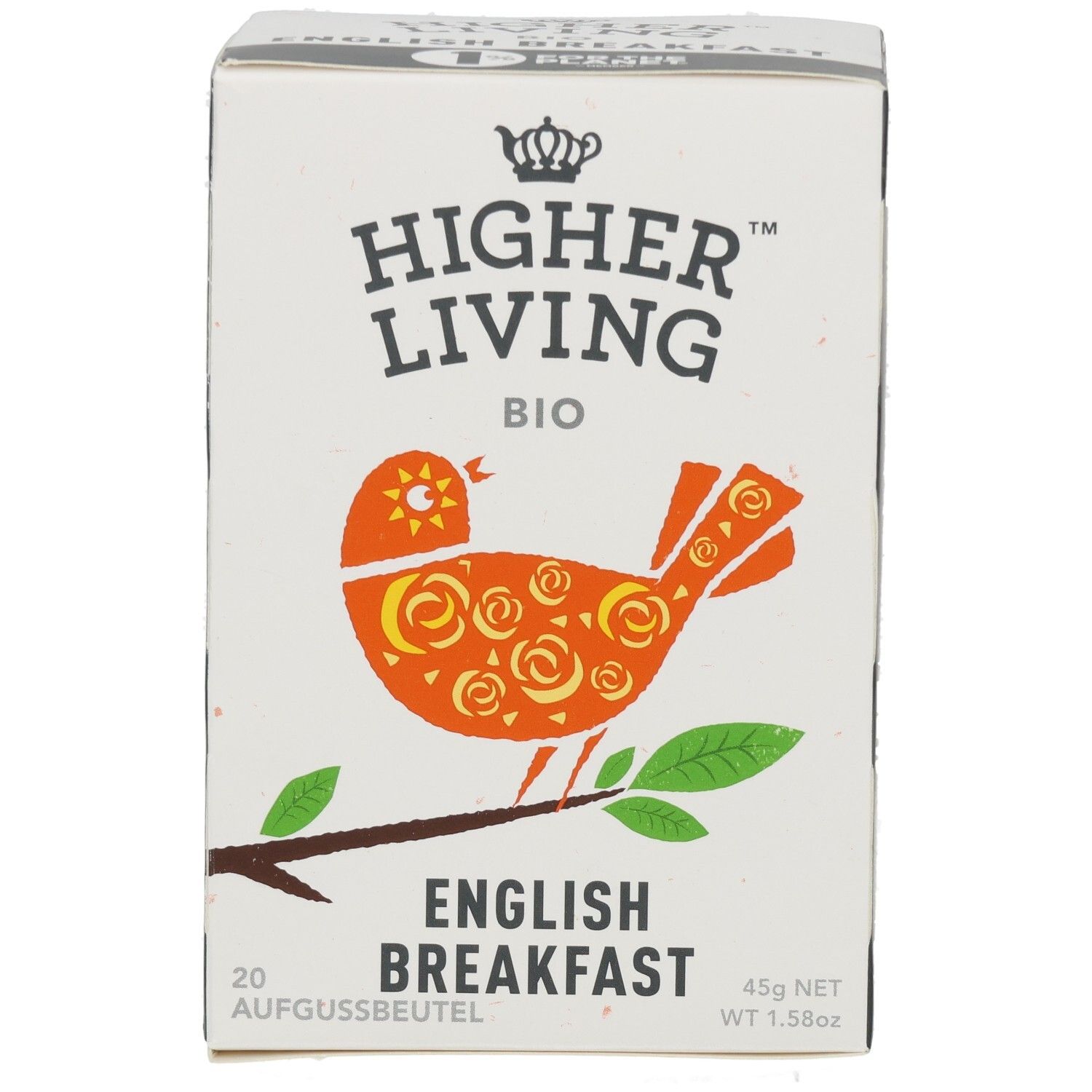 Kartonverpackung mit Aufdruck. Enthält 20 Aufgussbeutel. Logo: Higher Living Bio. Motiv: Vogel auf Ast.