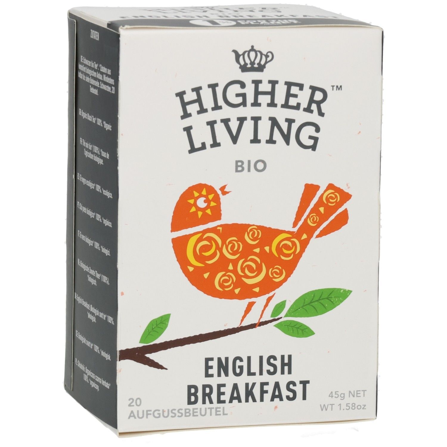 Kartonverpackung mit Aufdruck. Enthält 20 Aufgussbeutel. Logo: Higher Living Bio. Motiv: Vogel auf Ast.