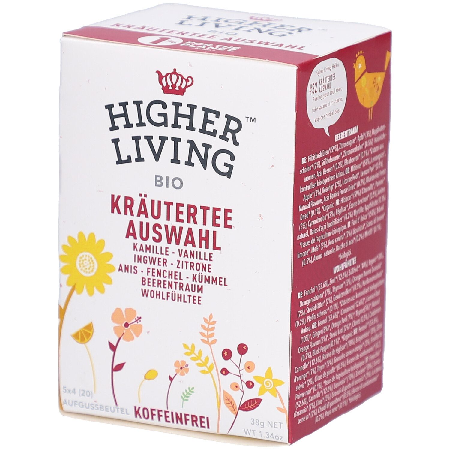Kräutertee-Auswahl von Higher Living. Weiße Schachtel mit floralen Illustrationen und Produktinformationen. Enthält Kamille, Vanille, Ingwer, Zitrone.