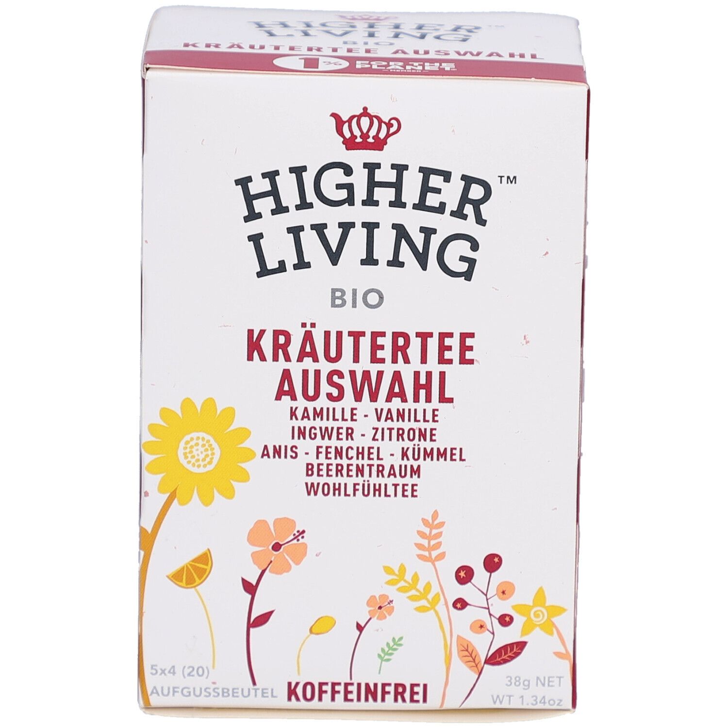 Vorderseite der Kräutertee-Auswahl von Higher Living. Weiße Schachtel mit floralen Illustrationen und Produktinformationen. Koffeinfrei.
