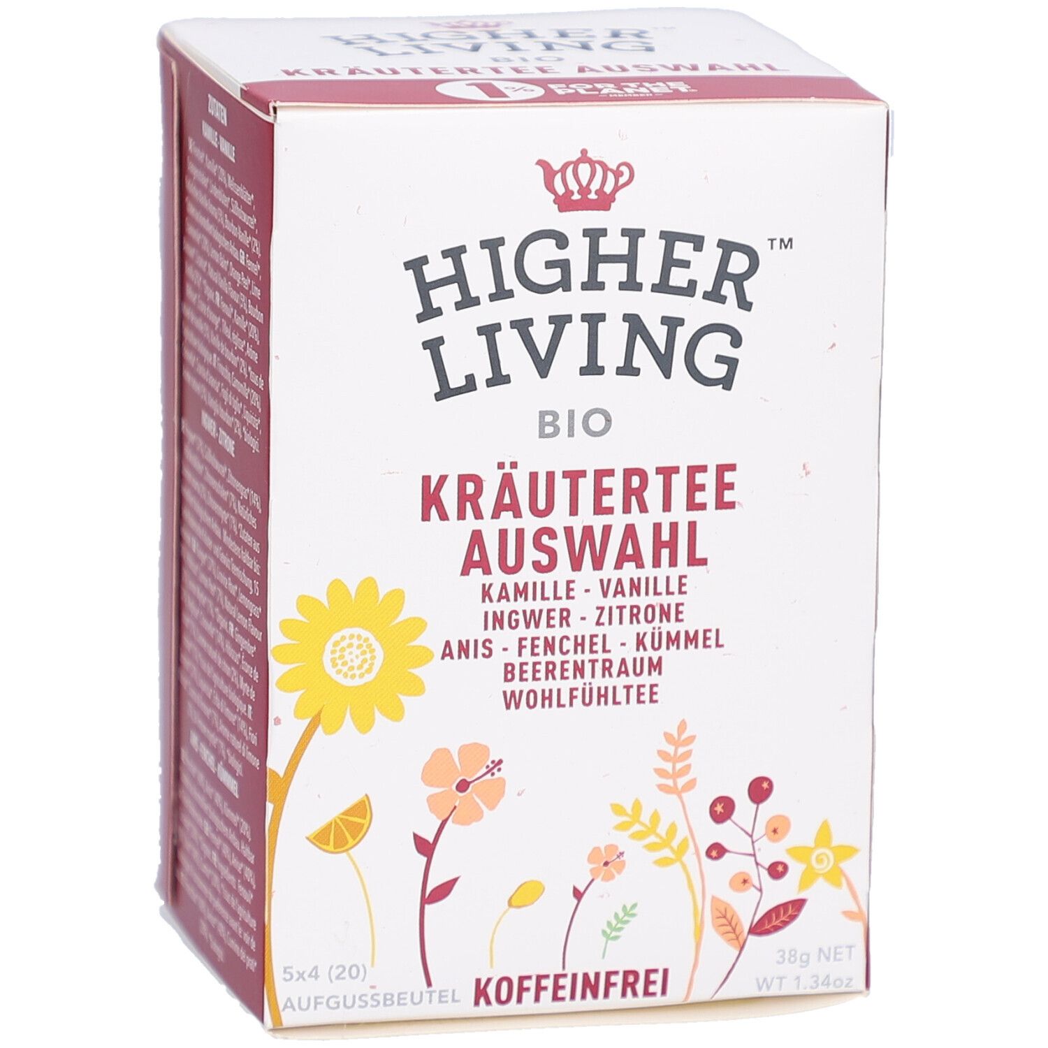 Vorderseite der Kräutertee-Auswahl von Higher Living. Weiße Schachtel mit floralen Illustrationen und Produktinformationen. Koffeinfrei.