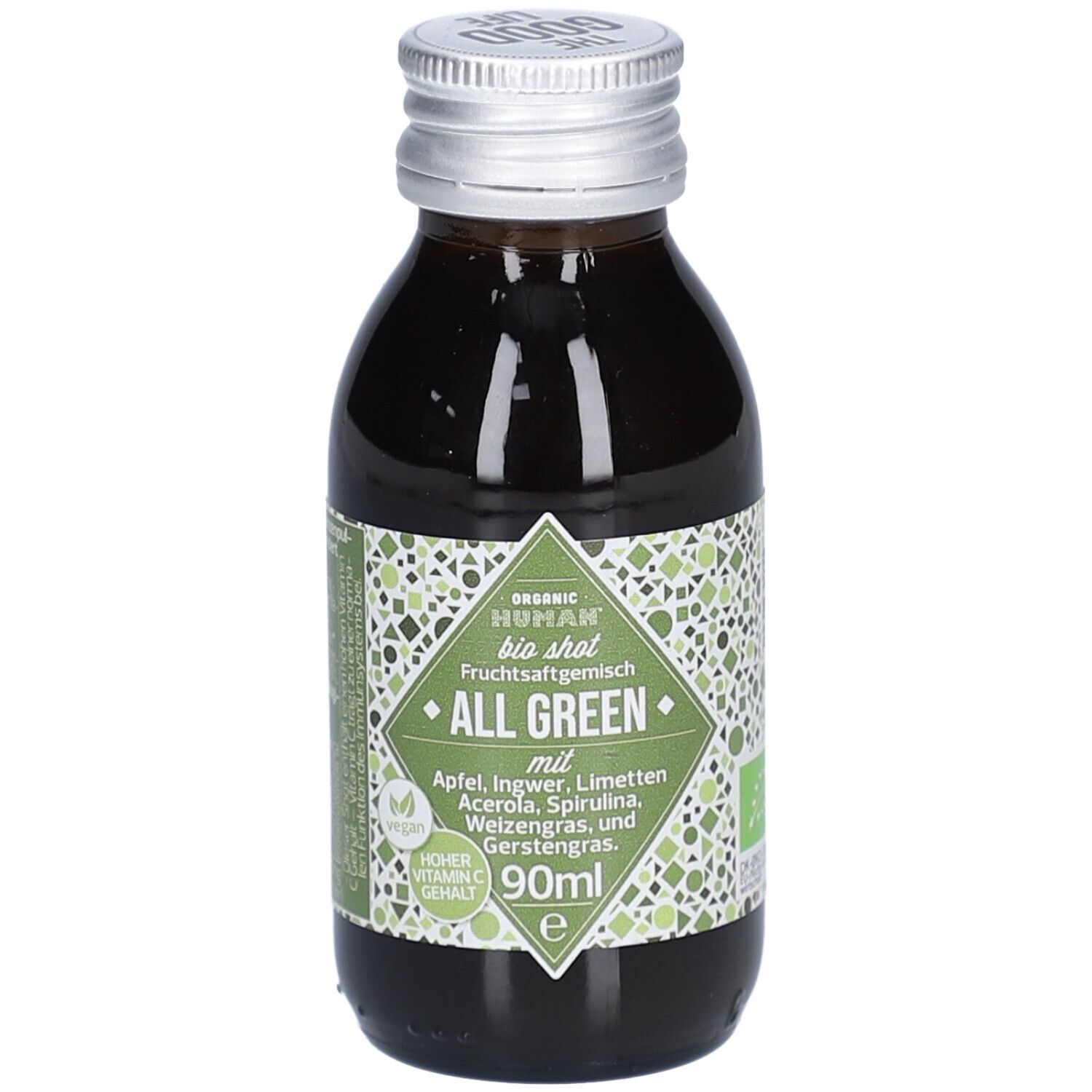 Kleine Glasflasche mit grünem Inhalt. Aufkleber mit Produktnamen "ALL GREEN" und Zutaten. 90ml. Silberner Verschluss.