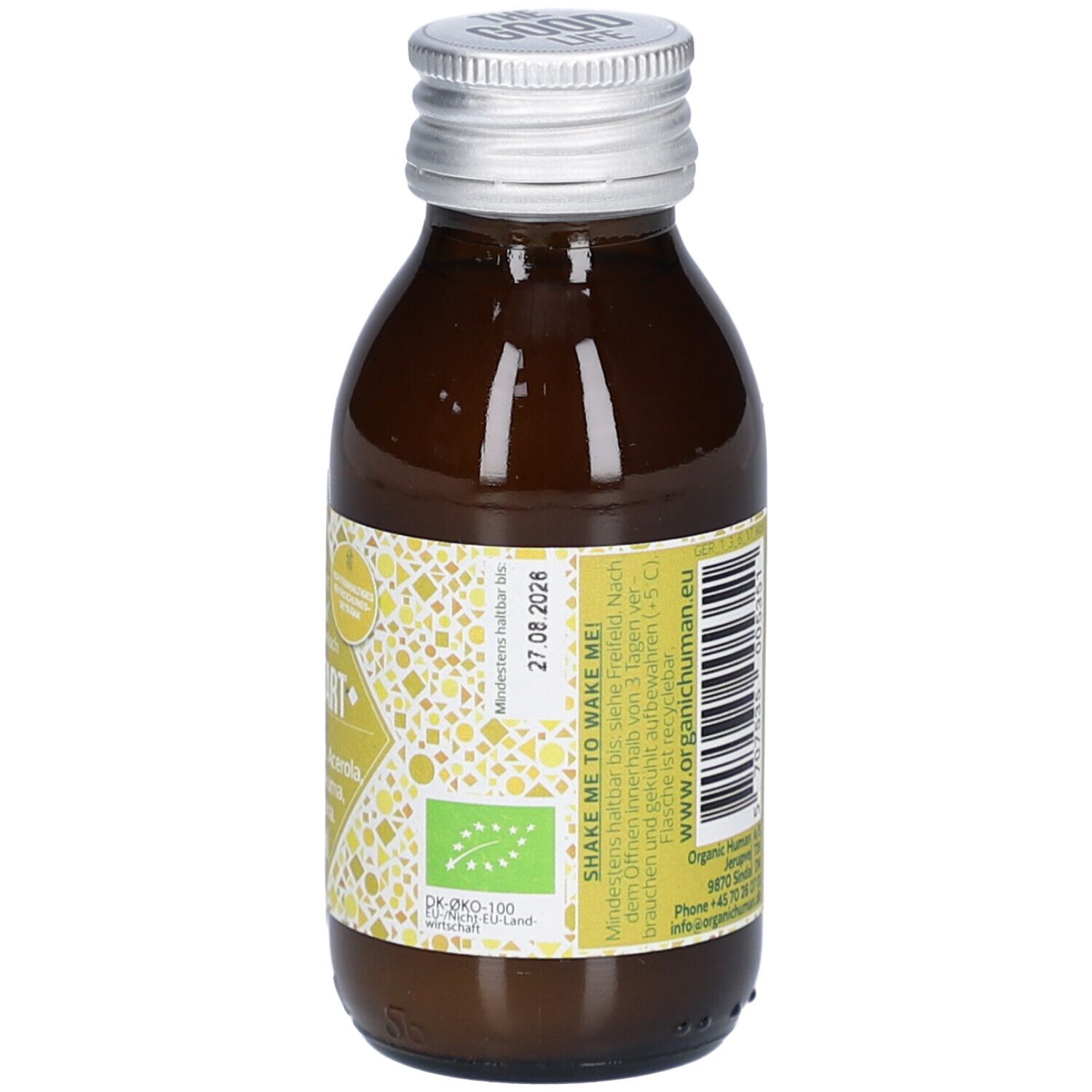Rückseite der braunen Glasflasche. Etikett mit Haltbarkeitsdatum und Bio-Siegel. Text: SHAKE ME TO WAKE ME!
