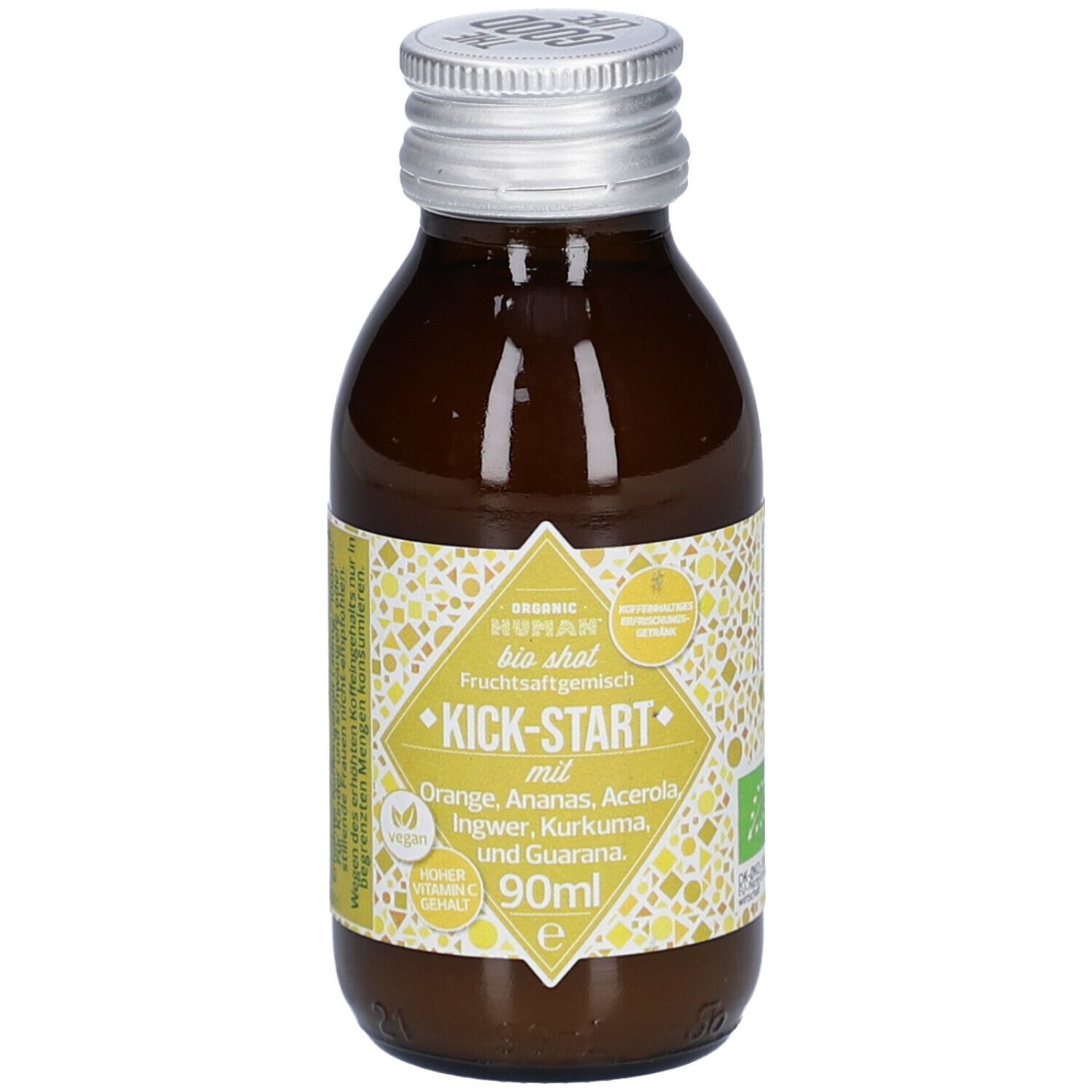 Braune Glasflasche mit silbernem Deckel. Etikett mit Produktnamen und Inhaltsstoffen. Vegan-Siegel.