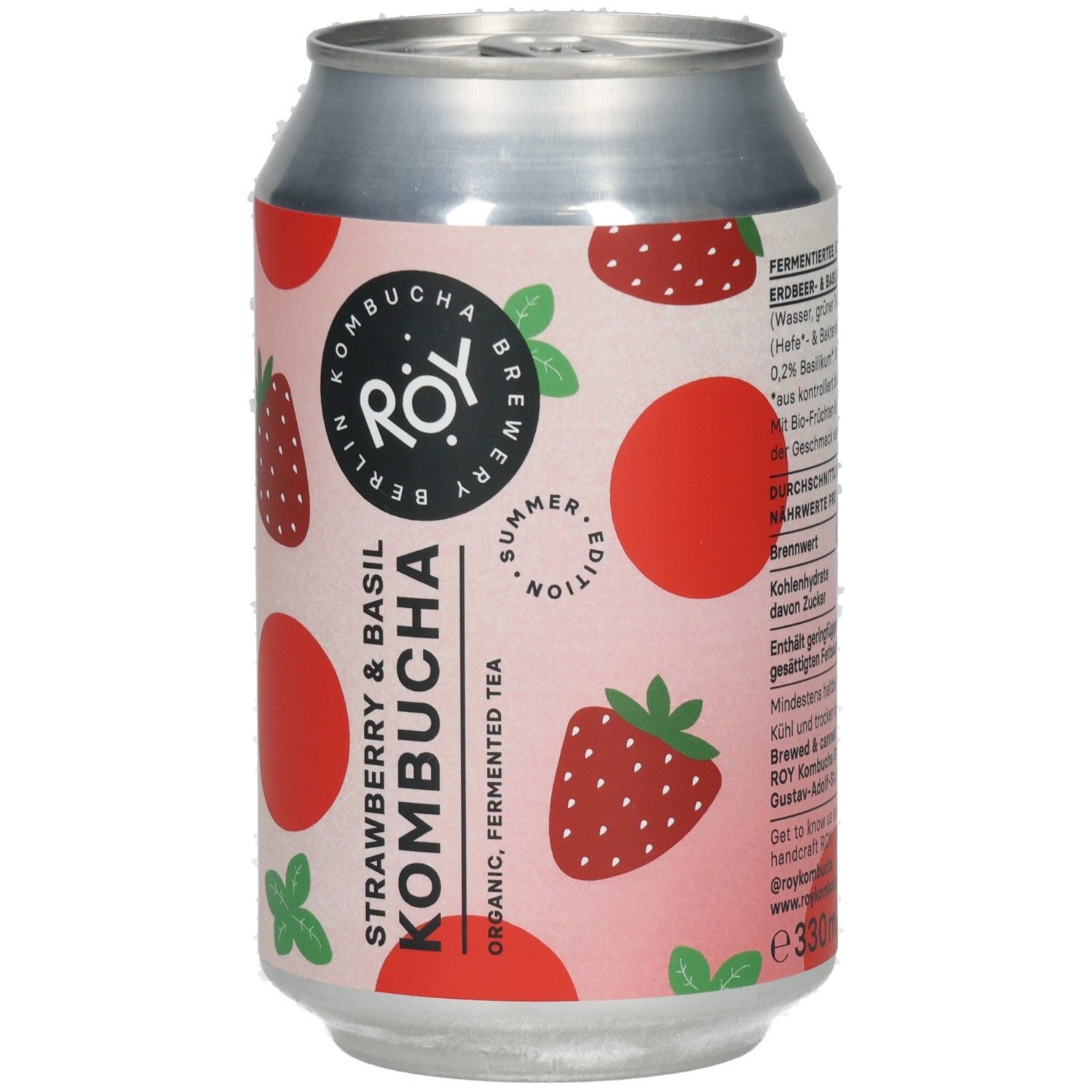 Kombucha-Dose mit Erdbeer- und Basilikum-Motiv. Aufschrift: ROY, Kombucha, Erdbeere & Basilikum, Summer Edition, 330ml.