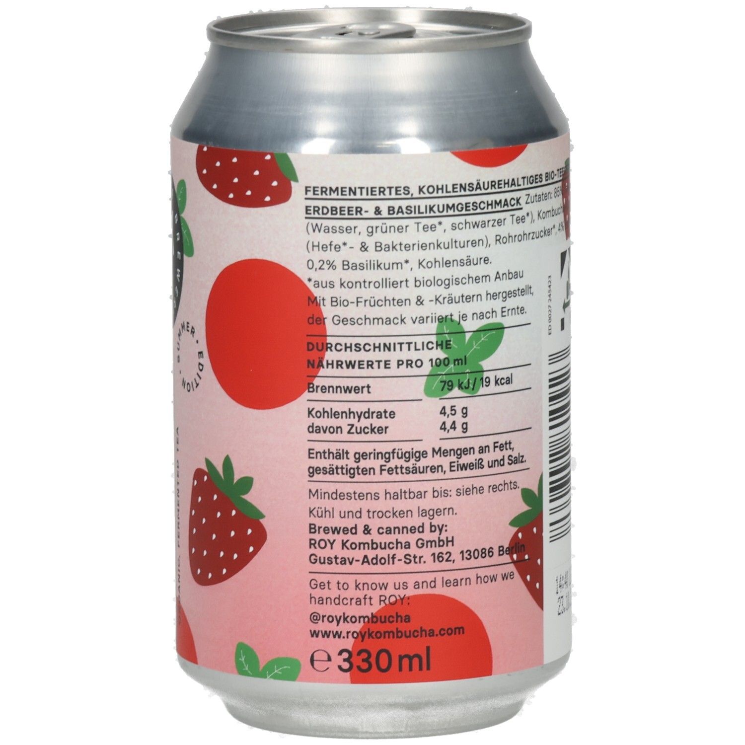 Rückseite der Kombucha-Dose mit Zutatenliste und Nährwertangaben. Volumen: 330ml.