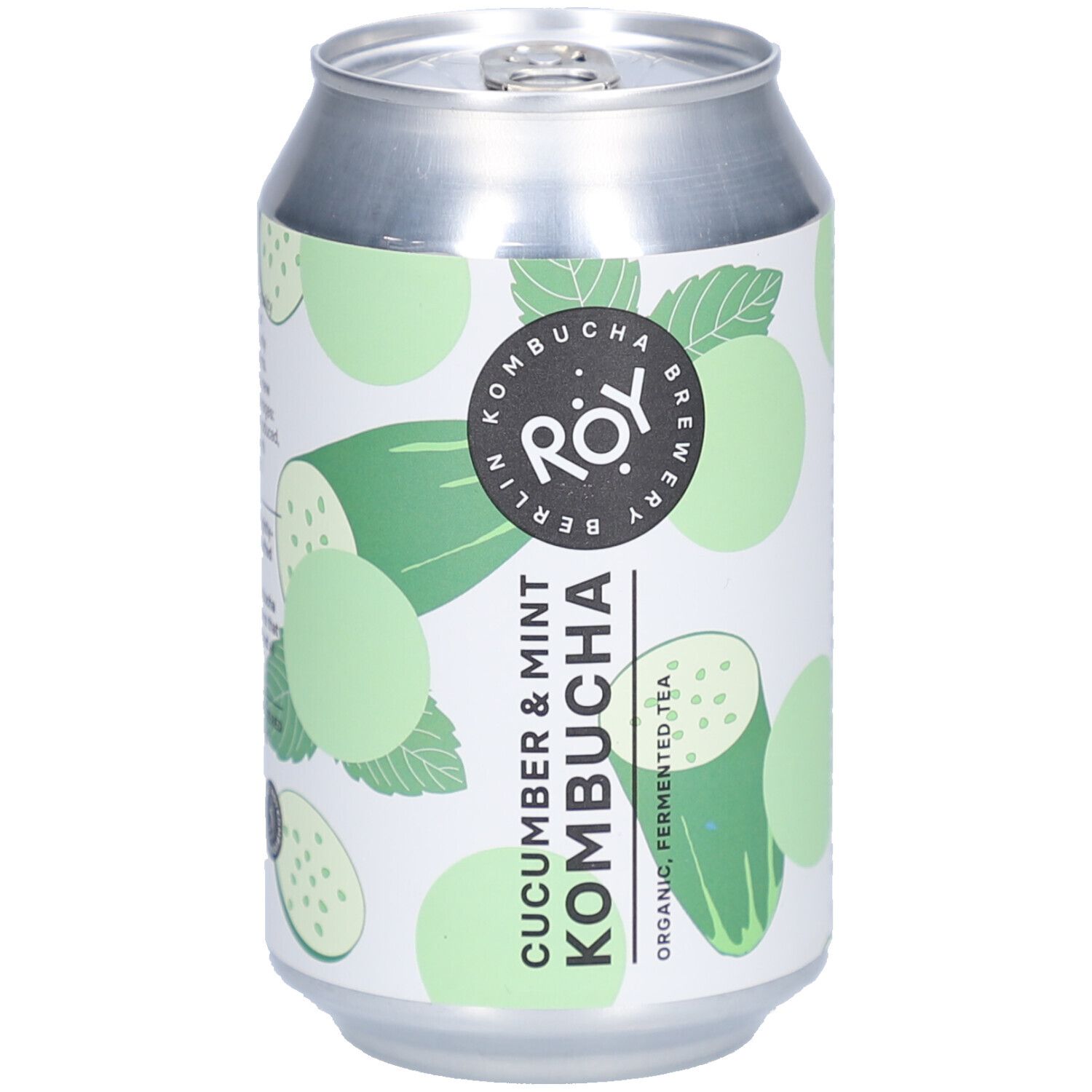 Kombucha-Dose mit Aufdruck von Gurken und Minze. Logo: ROY Berlin. Text: Cucumber & Mint Kombucha.