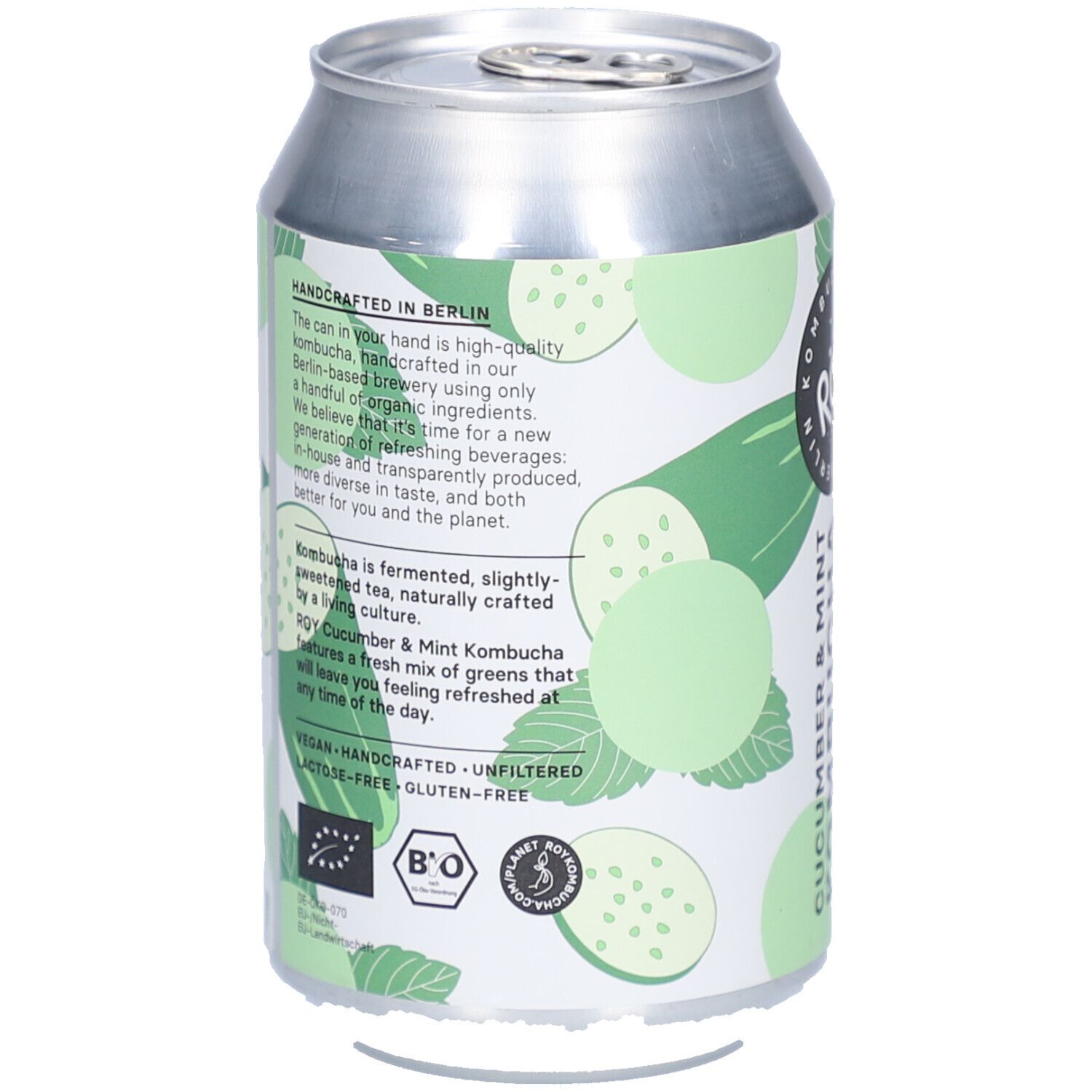 Rückseite der Kombucha-Dose. Text: Handcrafted in Berlin. Zutaten, Vegan, Laktosefrei, Glutenfrei. Bio-Siegel.