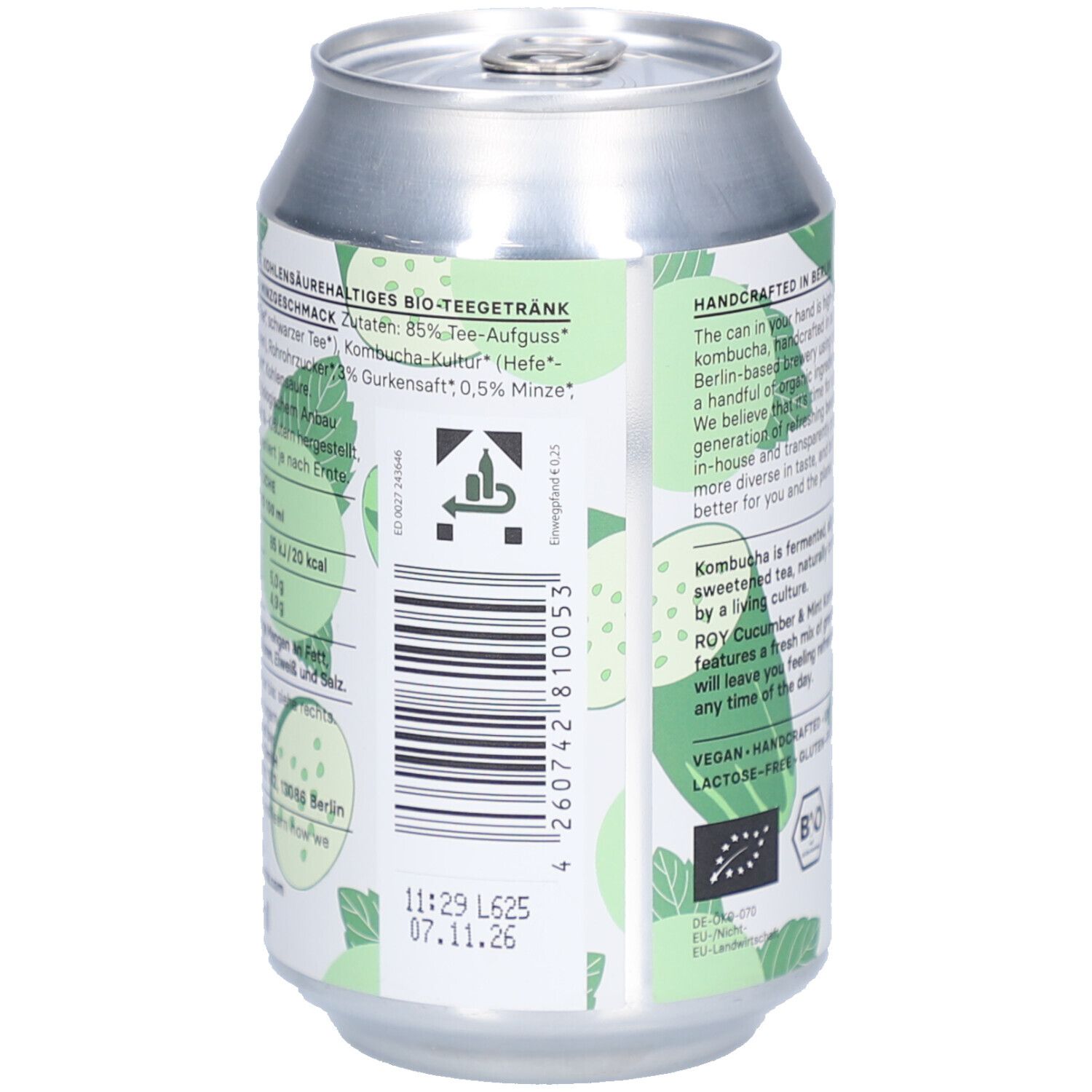 Rückseite der Kombucha-Dose. Text: Zutaten, Nährwerte, Mindesthaltbarkeit. Bio-Siegel. Barcode.