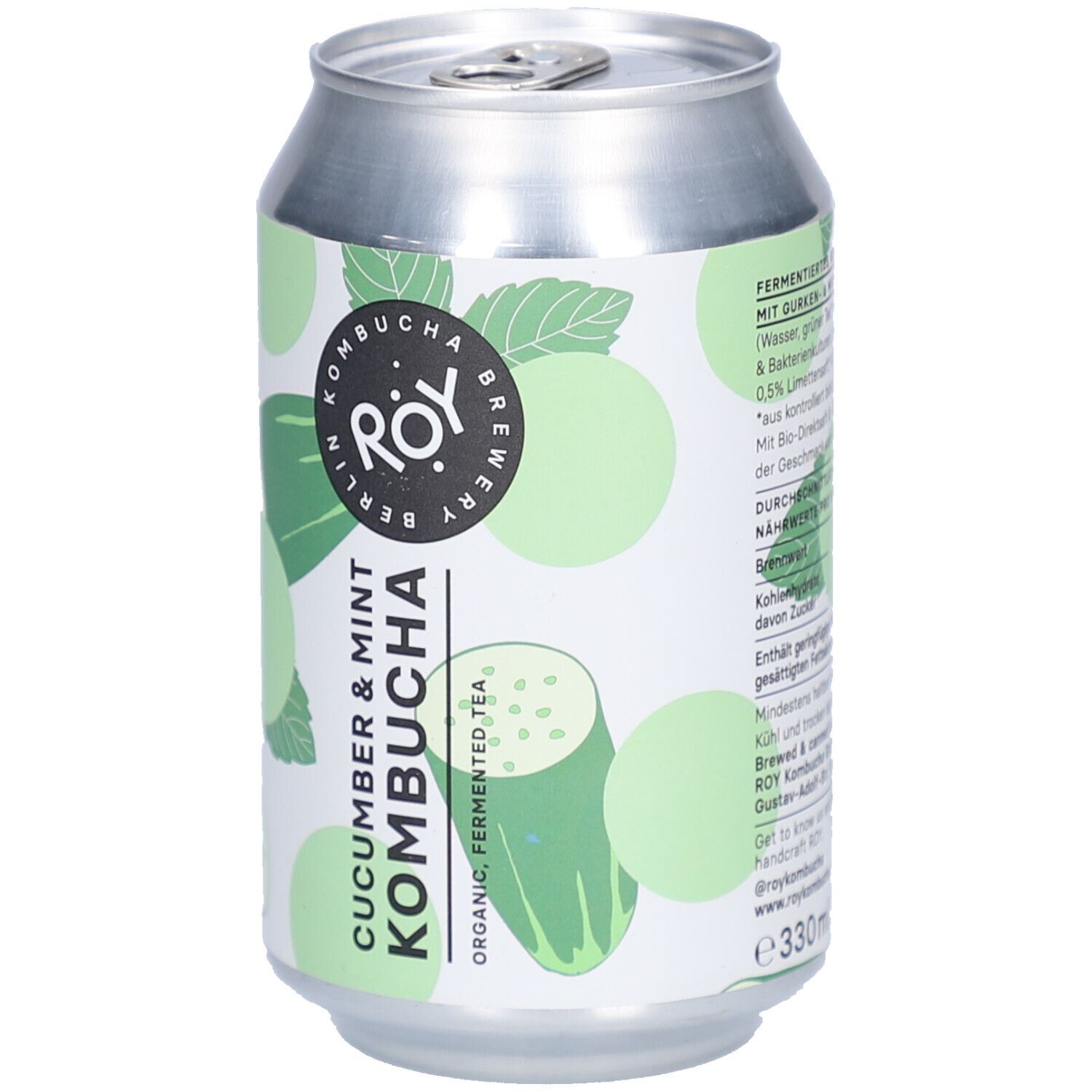 Kombucha-Dose mit Logo ROY Berlin. Text: Cucumber & Mint Kombucha. Organic Fermented Tea. 330ml.