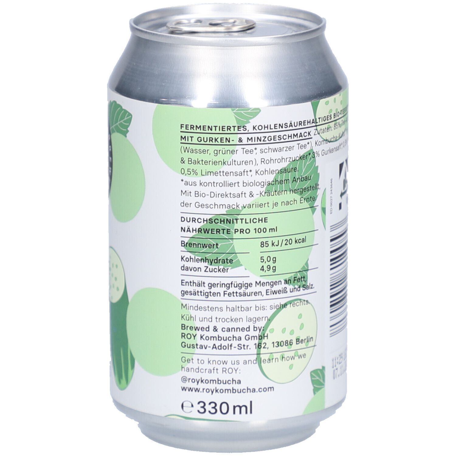 Rückseite der Kombucha-Dose. Text: Zutaten, Nährwerte, Adresse. 330ml. ROY Berlin.