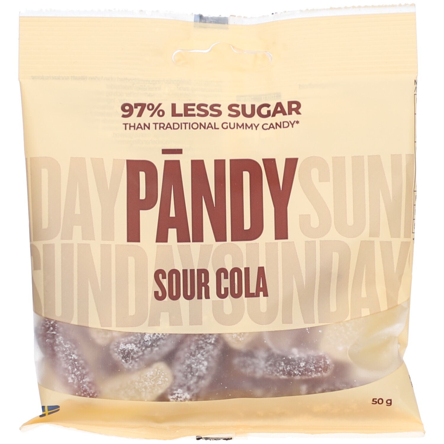 Beutel mit PÄNDY Sour Cola Gummibärchen. Aufschrift: 97% weniger Zucker. Inhalt: 50g.