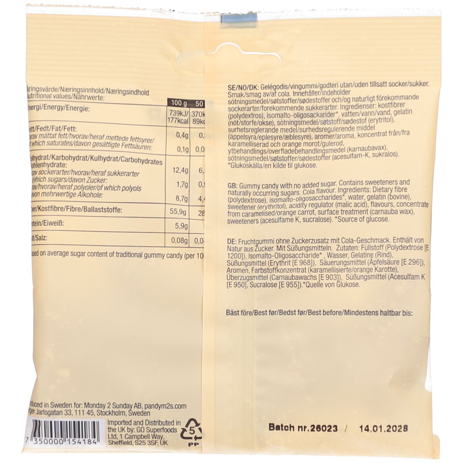 Rückseite der PÄNDY Sour Cola Verpackung. Enthält Nährwertangaben und Zutatenliste.