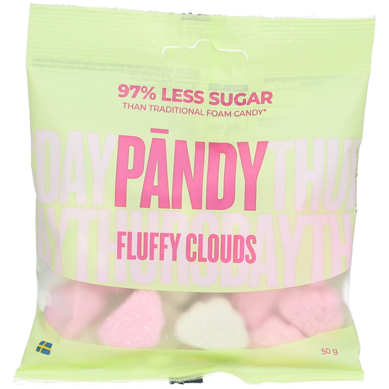 Beutel mit rosa und weißen Schaumzucker-Wolken. Aufschrift: PÄNDY Fluffy Clouds. Text: 97% weniger Zucker. 50g.