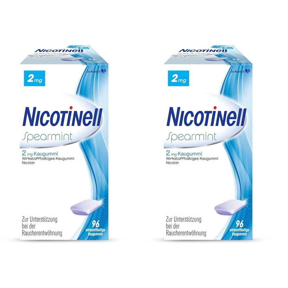 Zwei Packungen Nicotinell Spearmint 2 mg Kaugummi. Jede Packung enthält 96 Kaugummis. Blaue und weiße Verpackung mit Produktnamen und Dosierung.