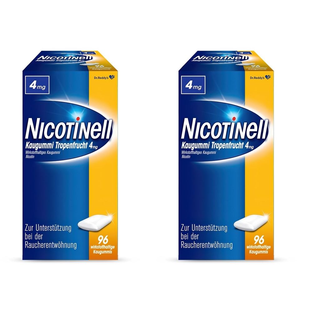 Zwei Packungen Kaugummi. Blaue Vorderseite mit gelbem Rand. Aufschrift: Nicotinell, 4 mg, Tropenfrucht. Unten: 96 Kaugummis. Text: Zur Unterstützung bei der Raucherentwöhnung.