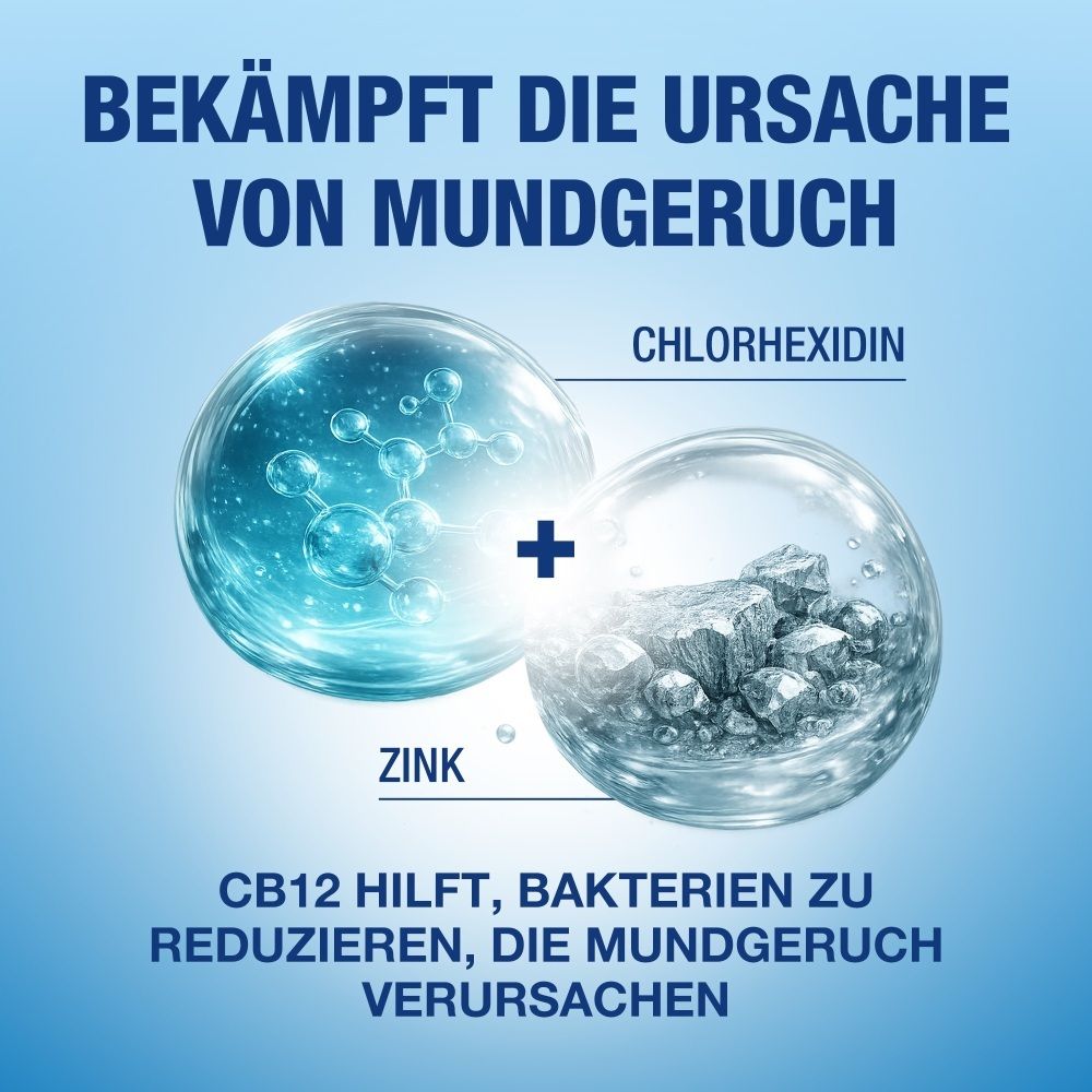 CB12 Mundspülung: Enthält Chlorhexidin und Zink zur Reduzierung von Mundgeruch verursachenden Bakterien.