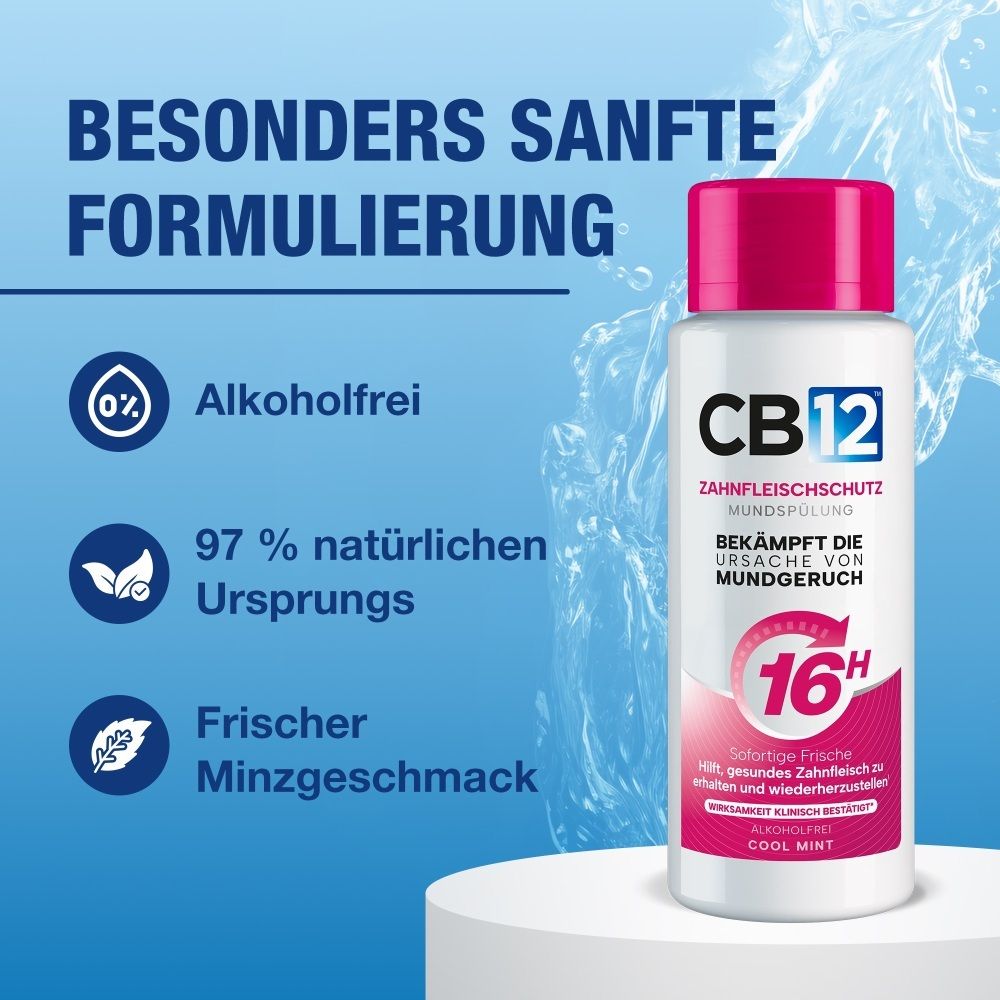 CB12 Mundspülung: Besonders sanfte Formulierung, alkoholfrei, 97% natürlichen Ursprungs, frischer Minzgeschmack.