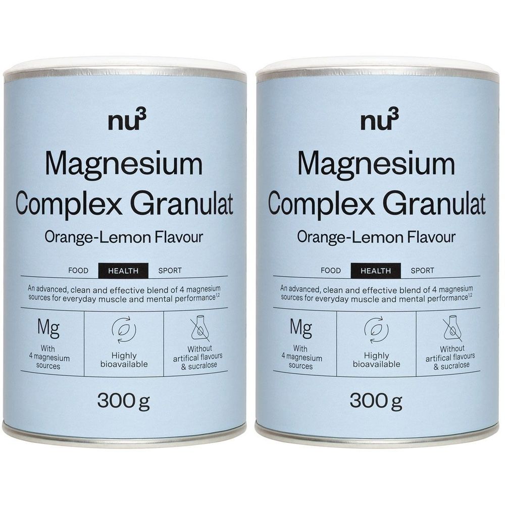 Zwei Dosen Magnesium Complex Granulat. Aufschrift: nu3, Magnesium Complex Granulat, Orange-Lemon Flavour. 300g. Mit 4 Magnesiumquellen.